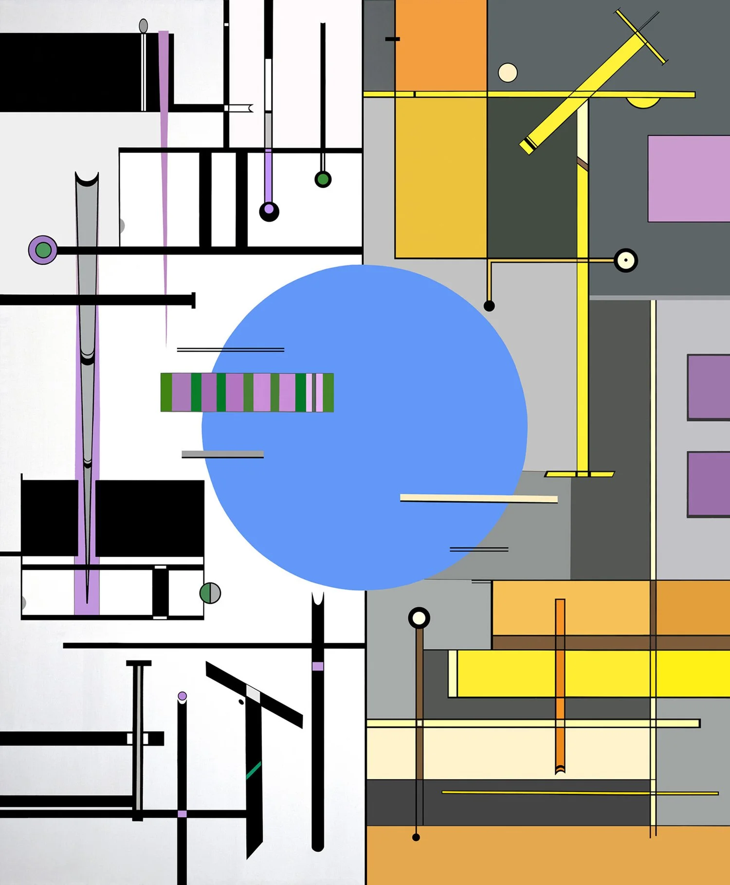 Abstract geometric art piece with interconnected lines and shapes in black, white, yellow, orange, purple, green, and gray colors.