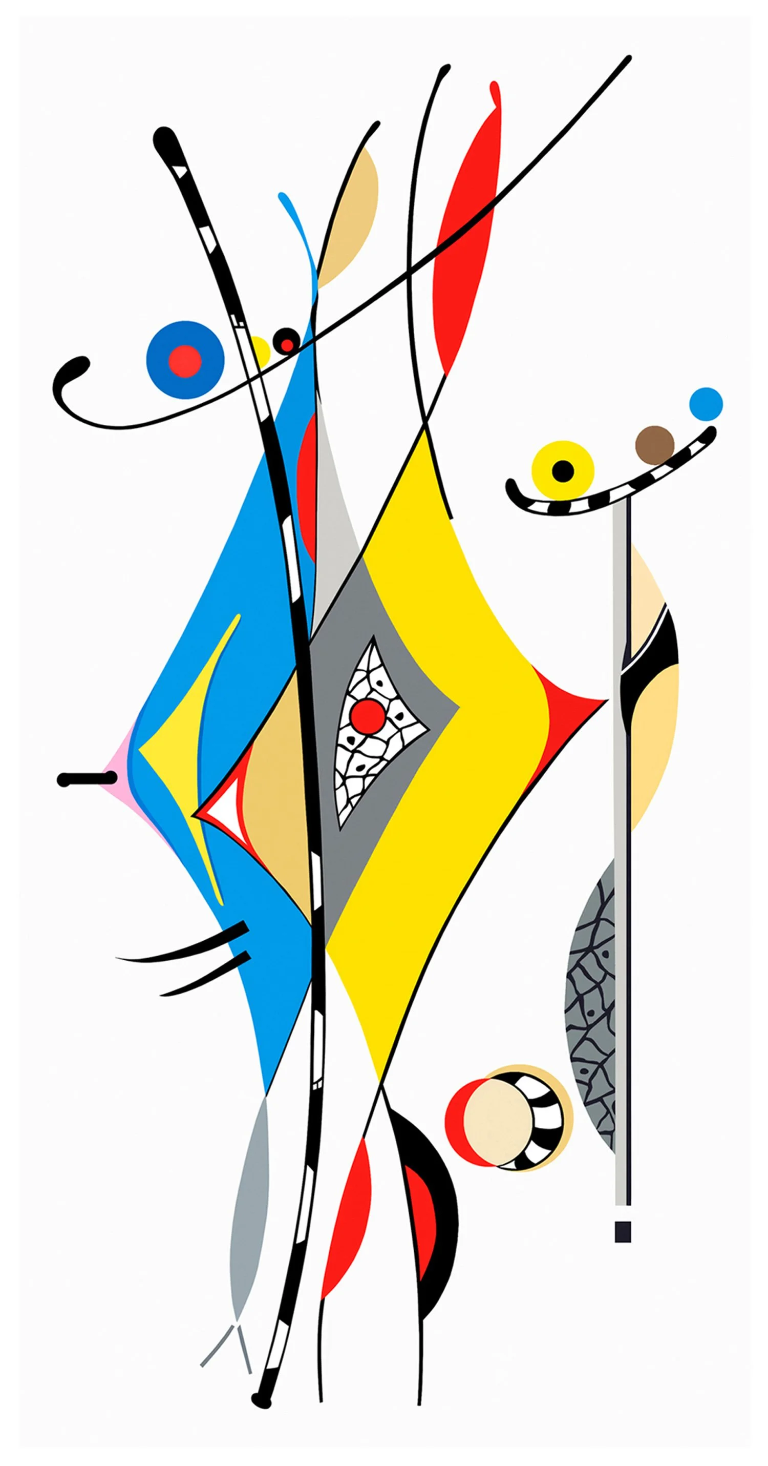 Abstract colorful composition with geometric shapes, lines, and patterns in bright primary colors, black, and gray.