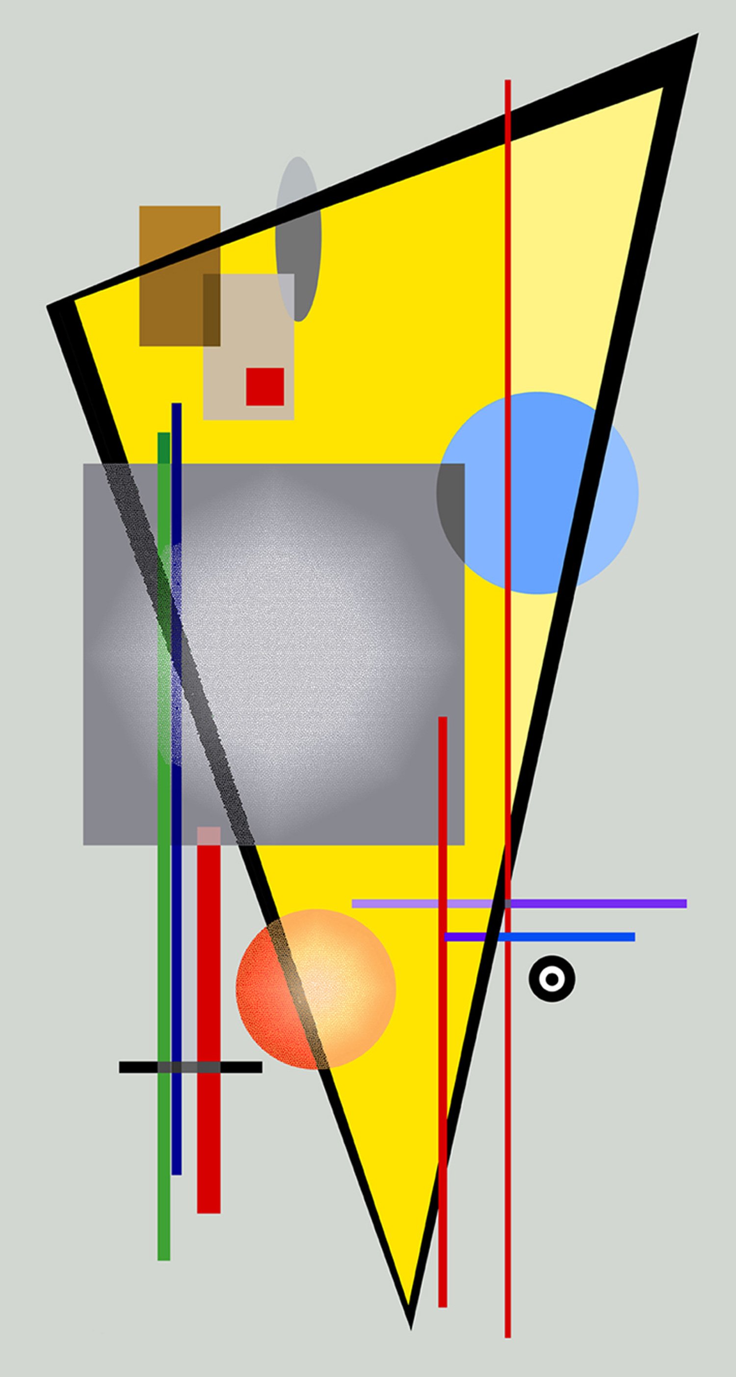 Abstract geometric artwork with a large yellow triangle outlined in black, featuring various colored circles, squares, and lines intersecting on a light gray background.