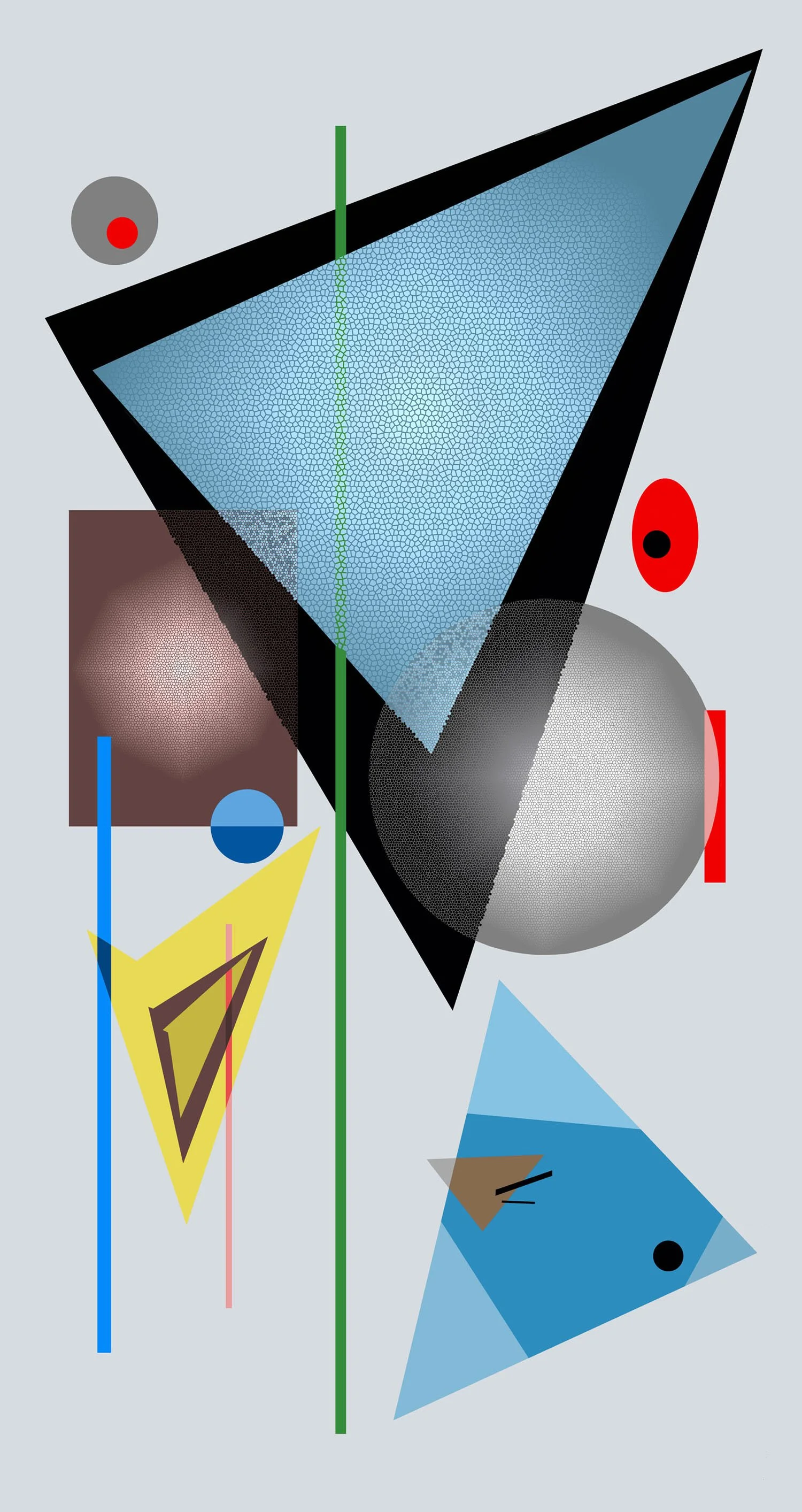 Abstract geometric artwork featuring triangles, circles, and lines in various colors and textures on a light gray background.
