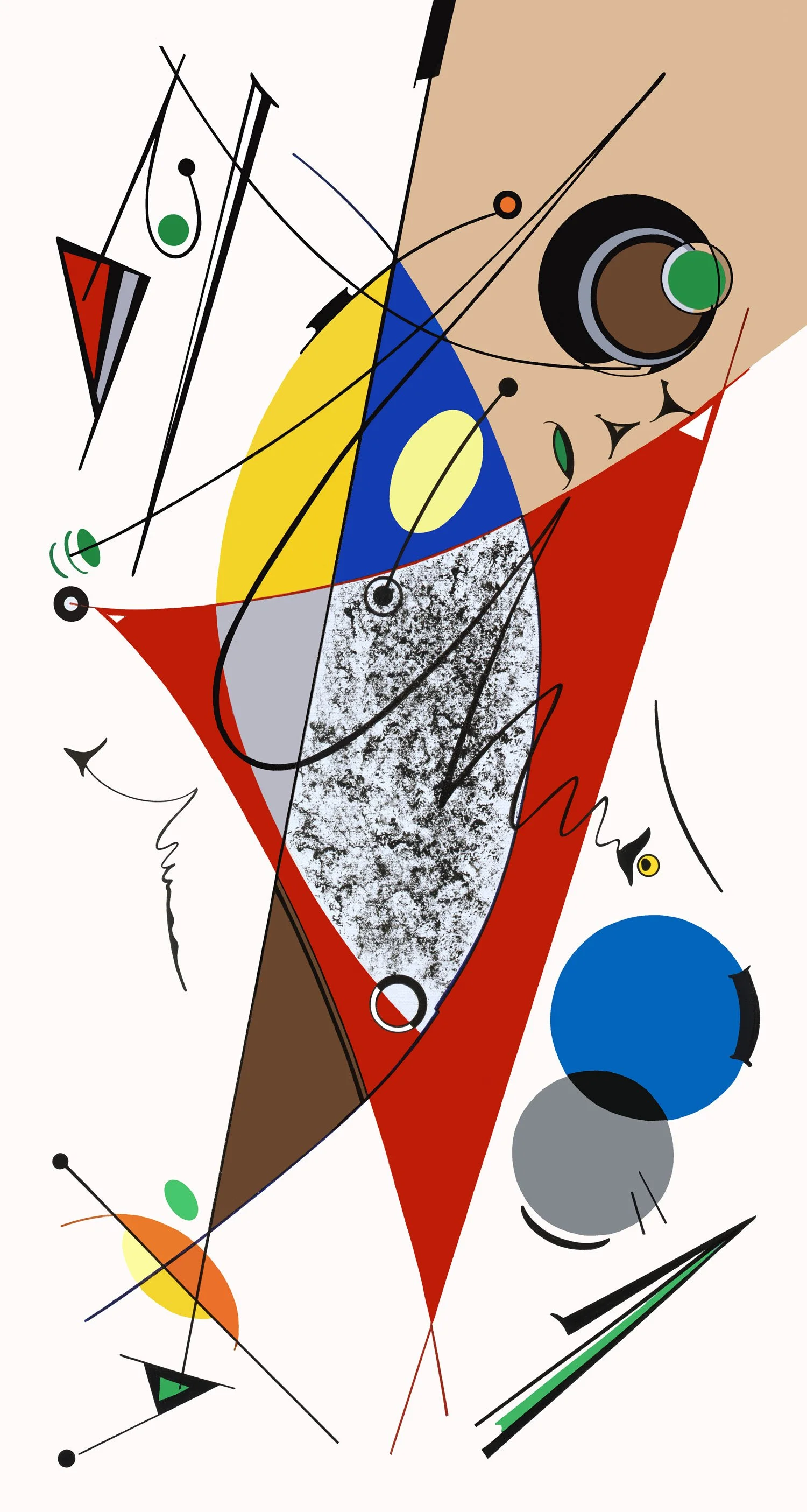 An abstract geometric artwork with colorful shapes, lines, and patterns, including circles, triangles, and a textured gray area, arranged in a dynamic composition.