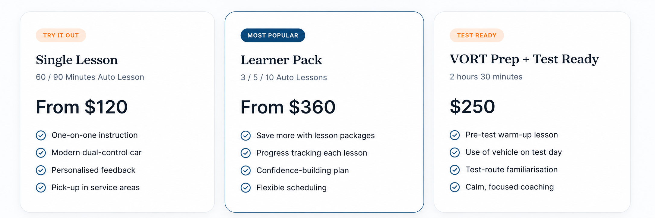 Pricing and packages for driving lessons, including options for single lessons, learner packs, and test preparation, with prices and features listed.