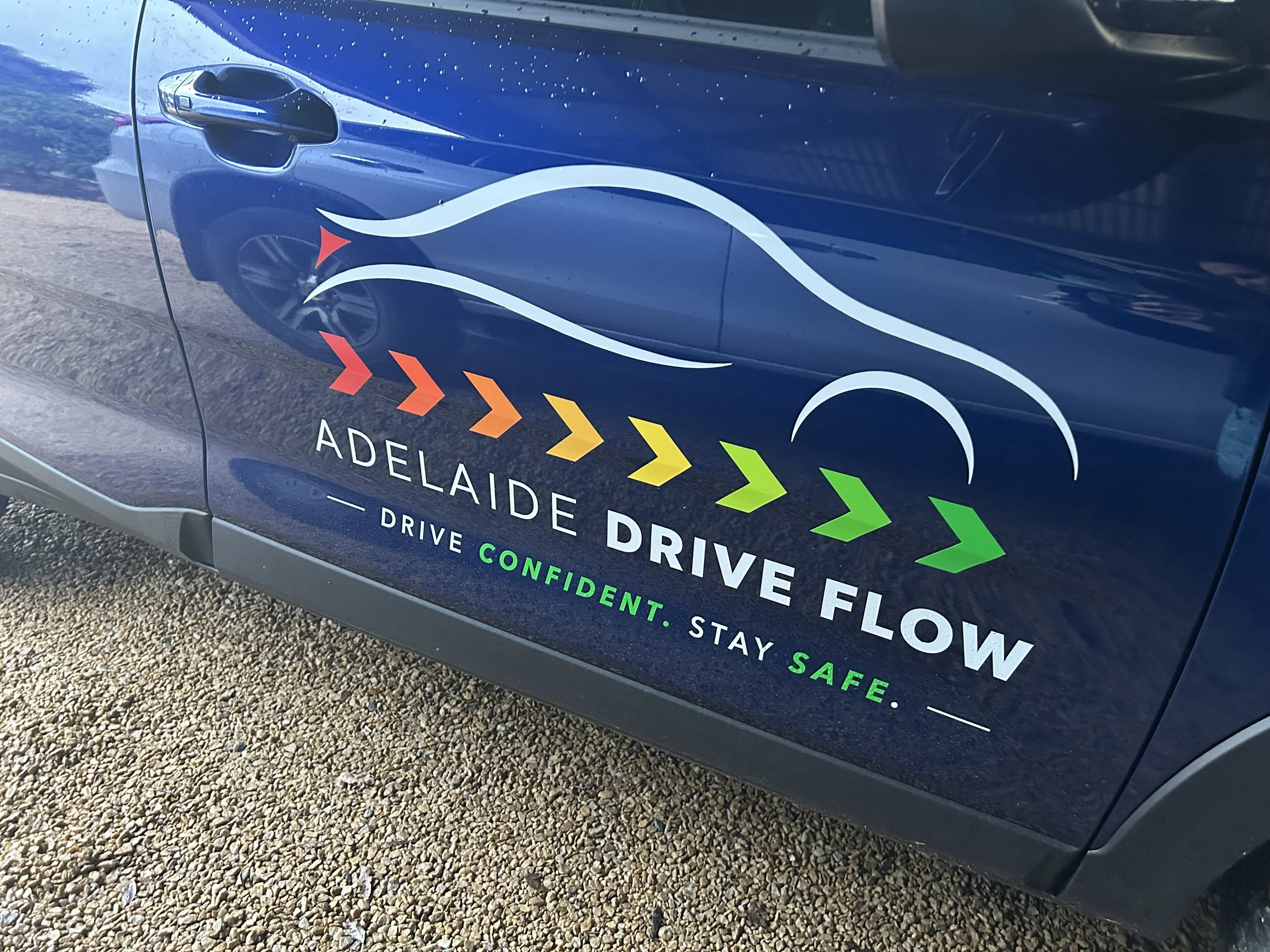 Close-up of a blue vehicle door with a logo of a stylized blue and white kangaroo, along with the text 'Adelaide Drive' and colorful arrows, on a gravel surface.
