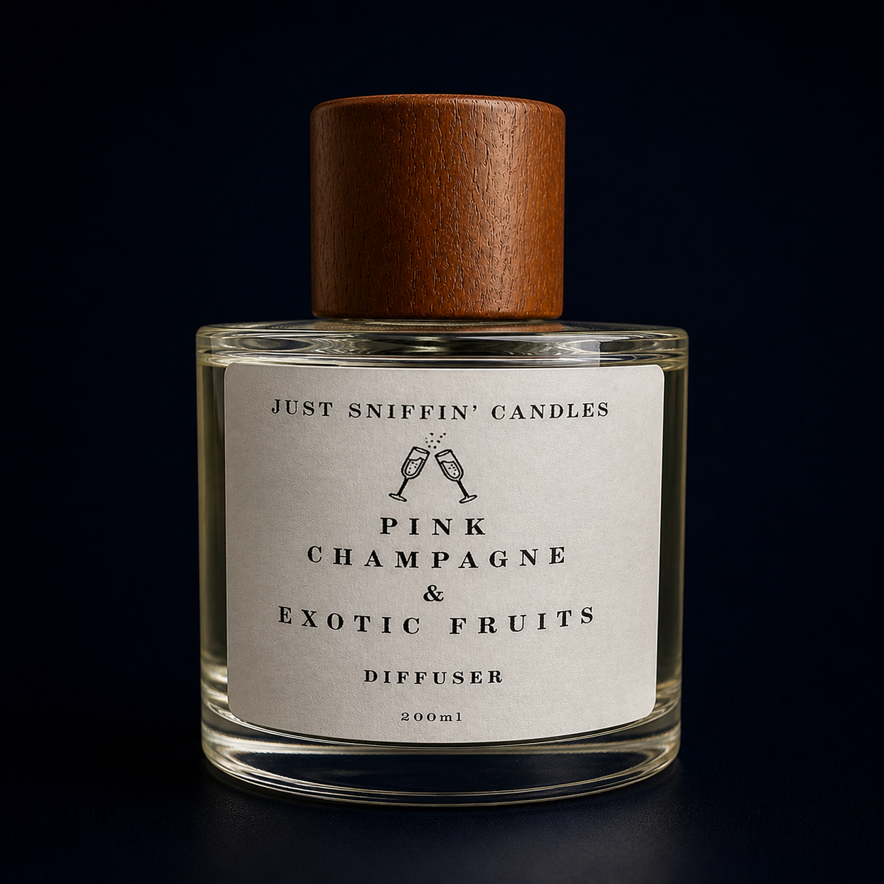 A glass diffuser bottle with a wooden cap, labeled "Just Sniffin' Candles Pink Champagne & Exotic Fruits Diffuser, 200ml" against a dark background.