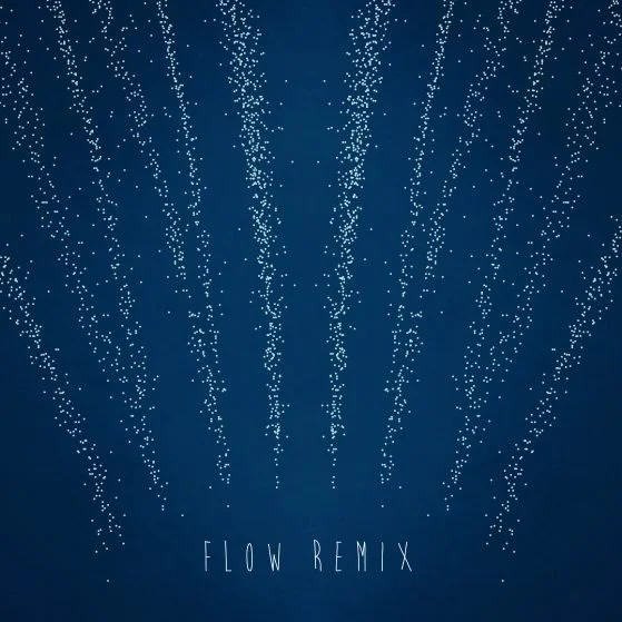 Abstract image with small white dots forming streaks against a dark blue background, titled 'Flow Remix'.