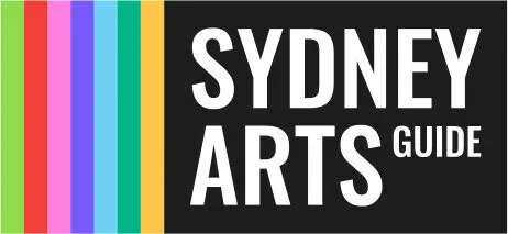 Sydney Arts Guide logo with colorful vertical stripes on the left and black background with white text.