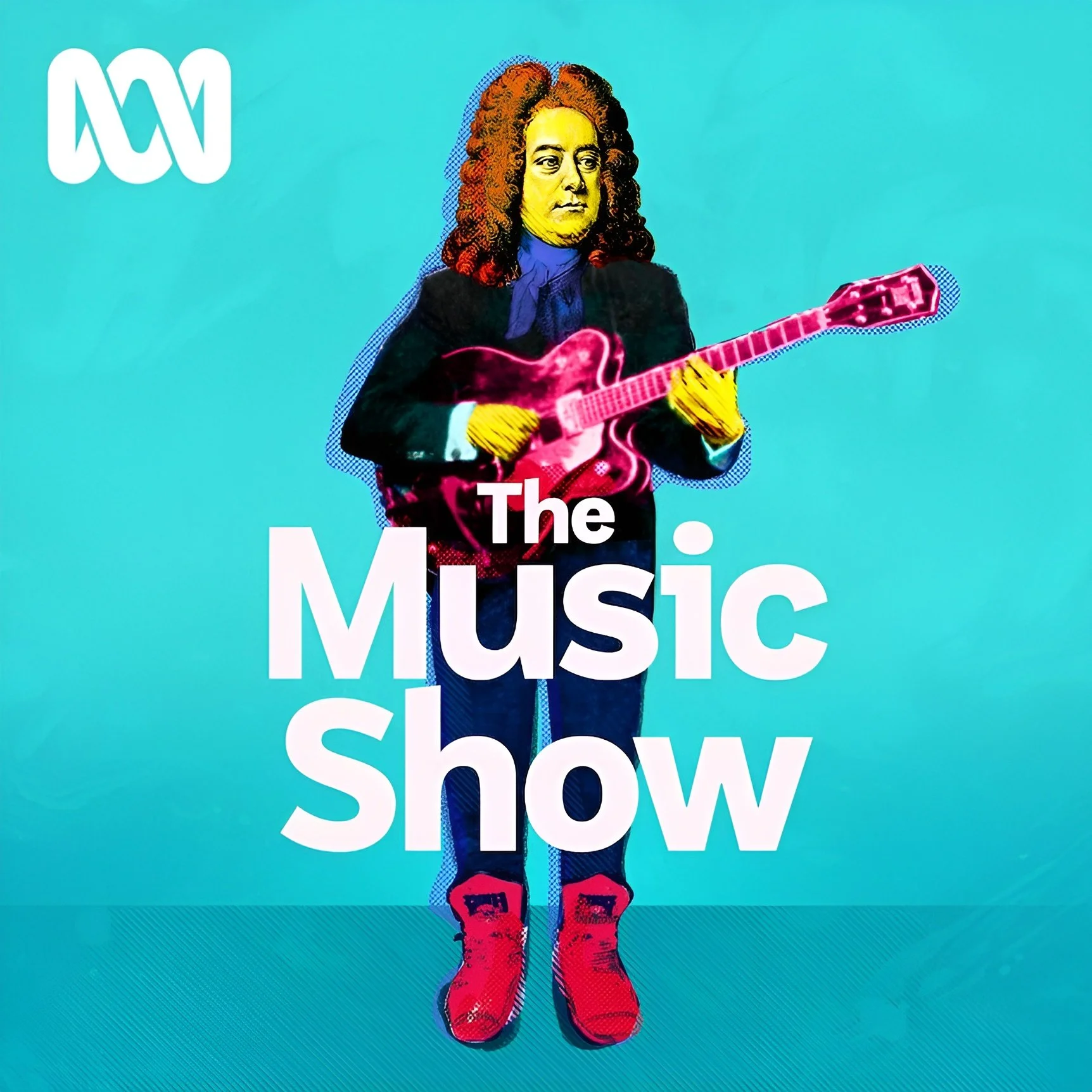 Illustration of a person with a yellow face and red, curly hair playing a pink guitar, standing against a blue background with white text that reads 'The Music Show.'