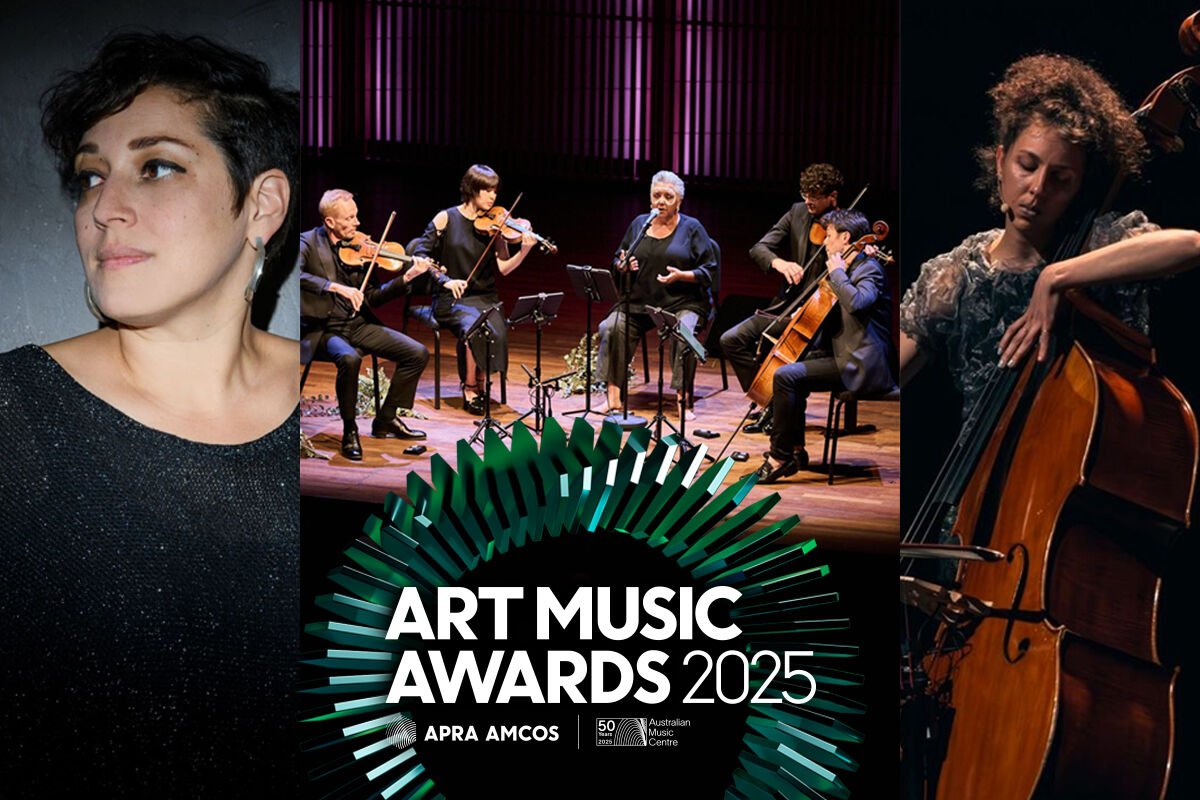 Collage of three images: a woman with short dark hair and hoop earrings on the left, a group of musicians performing on stage in the center, and a woman playing a cello on the right. The center image features a logo for the Art Music Awards 2025.