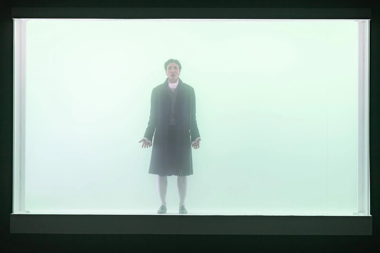 A person standing inside a bright, foggy, glass enclosure, wearing a dark coat, skirt, and shoes, with hands slightly raised and an expression of surprise or fear.