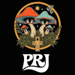 Illustration of mushrooms, trees, and grass with a cross and shield emblem at the bottom, featuring the letters 'PRJ'