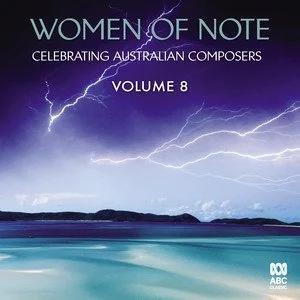 Cover of 'Women of Note: Celebrating Australian Composers, Volume 8' with lightning storm over ocean at night.