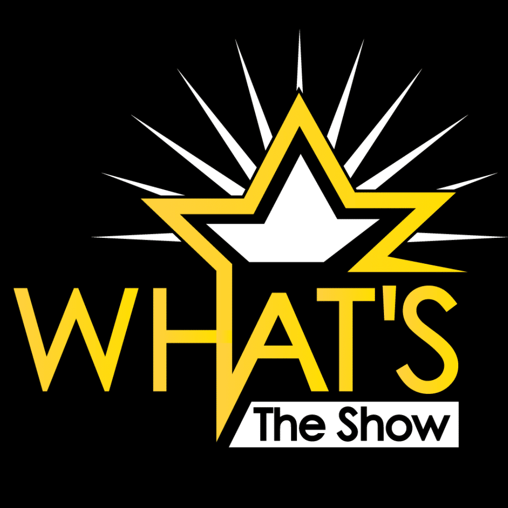 Logo for 'What's The Show' featuring a stylized yellow and white star with radiating lines on a black background and the show's title in bold yellow and black text.