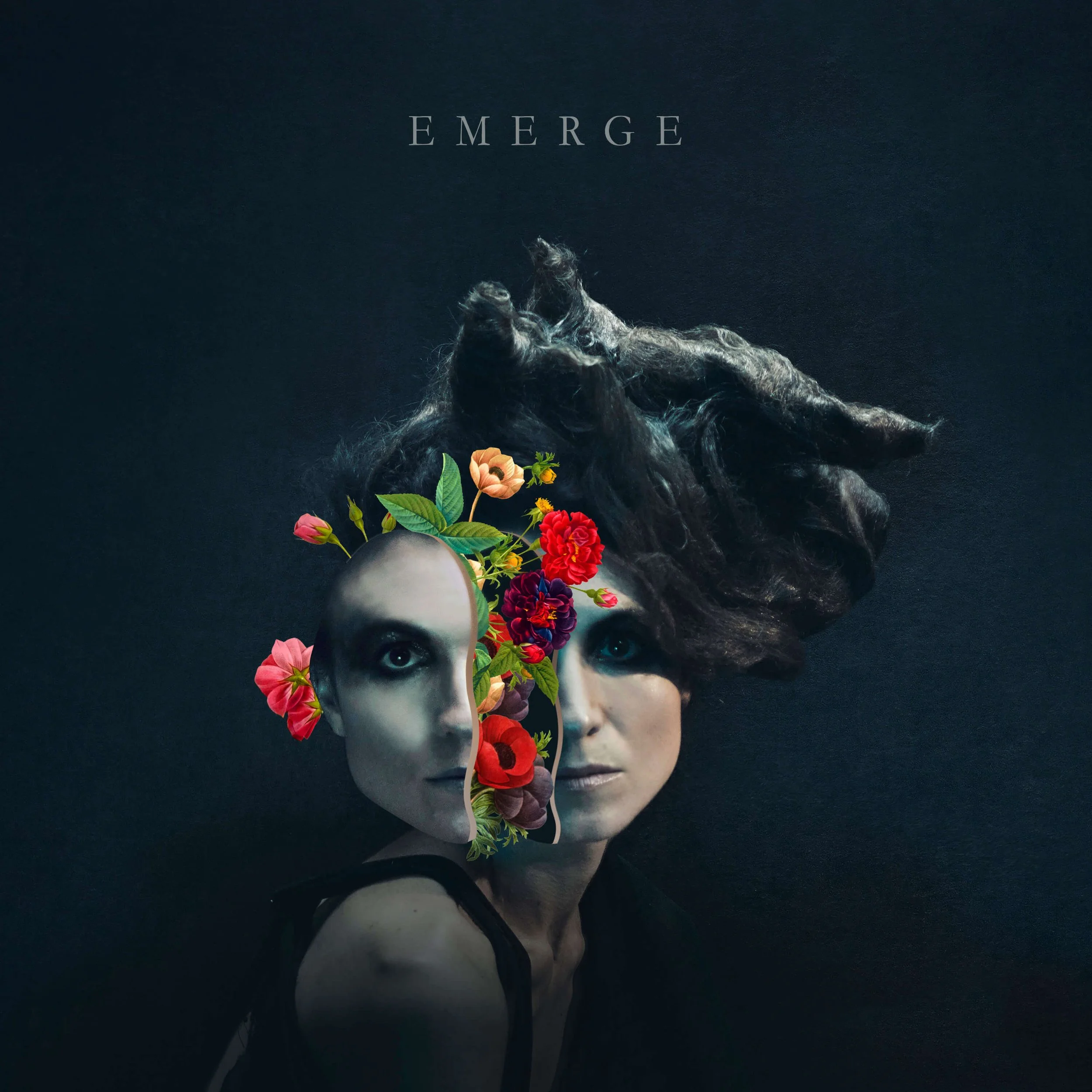 A collage with a dark background features a black-and-white portrait of Jessica O'Donoghue with a bonsai-like tree growing from her head, vibrant flowers, and the word 'EMERGE' written in gray capital letters.