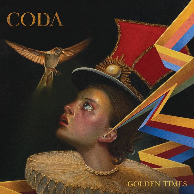 Album cover for Coda's 'Golden Times,' featuring a woman with a dramatic headpiece, pearl necklace, and rainbow-colored geometric shapes bursting from her ear, with a hummingbird near her face.