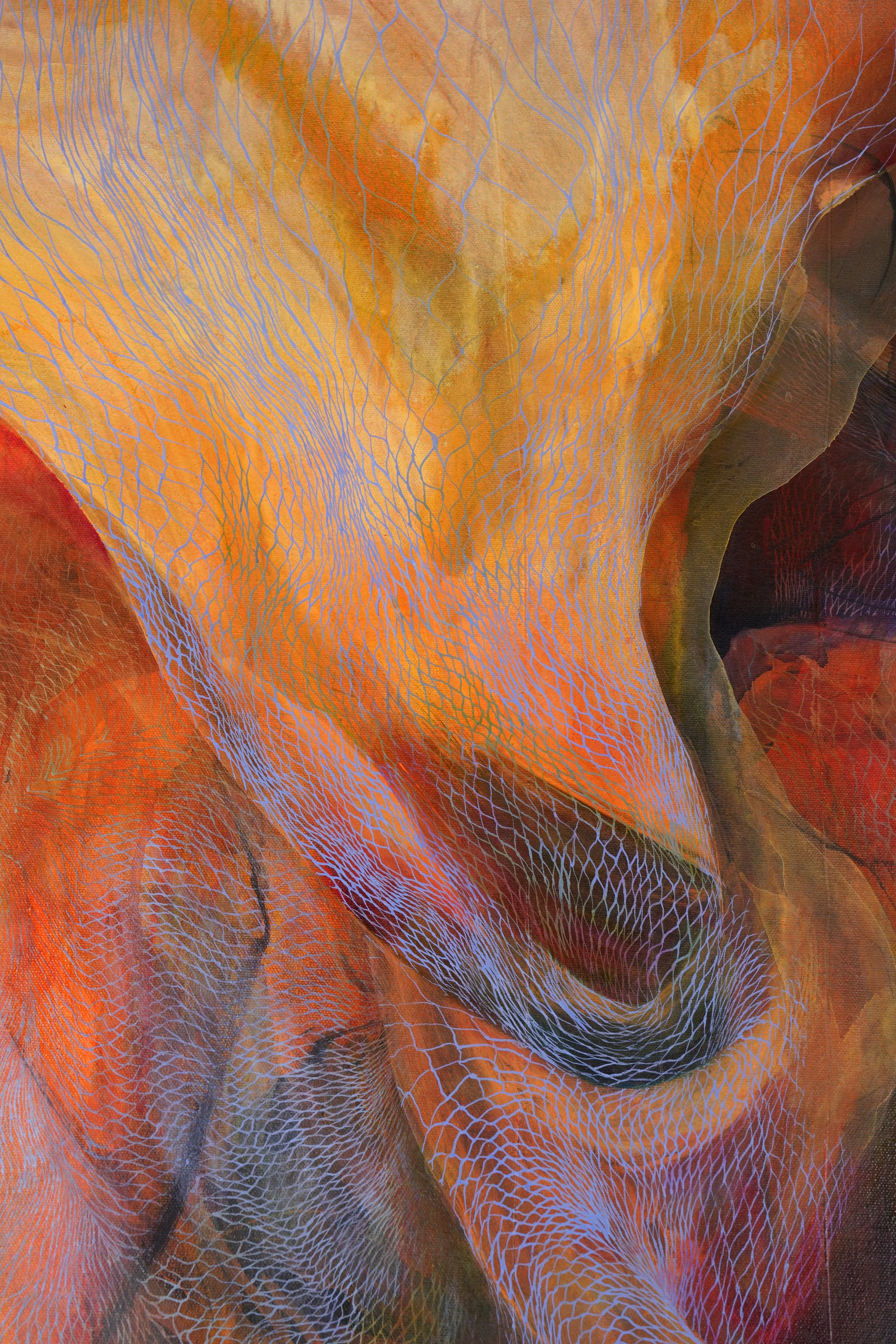 Abstract digital artwork with a combination of orange, brown, and purple hues, featuring intricate, glowing, web-like patterns layered over a textured background.