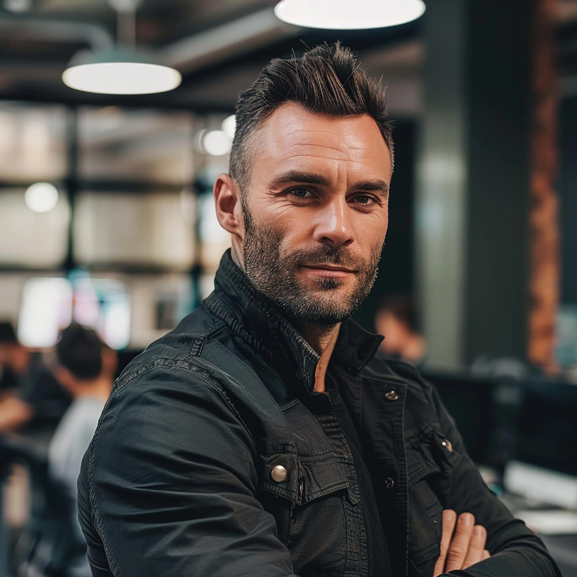 Close-up of a smiling man with styled dark hair and a beard, wearing a black leather jacket, standing in a store with blurred shelves and customers in the background.