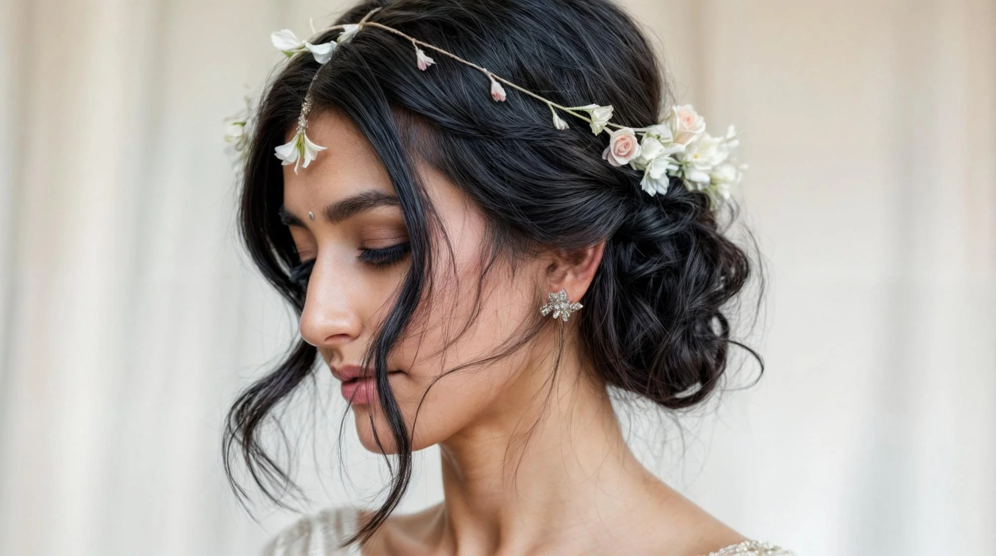 Portrait of a woman with dark, wavy hair adorned with a floral headband. She has silver floral earrings and her eyes are closed, showcasing makeup with long eyelashes.