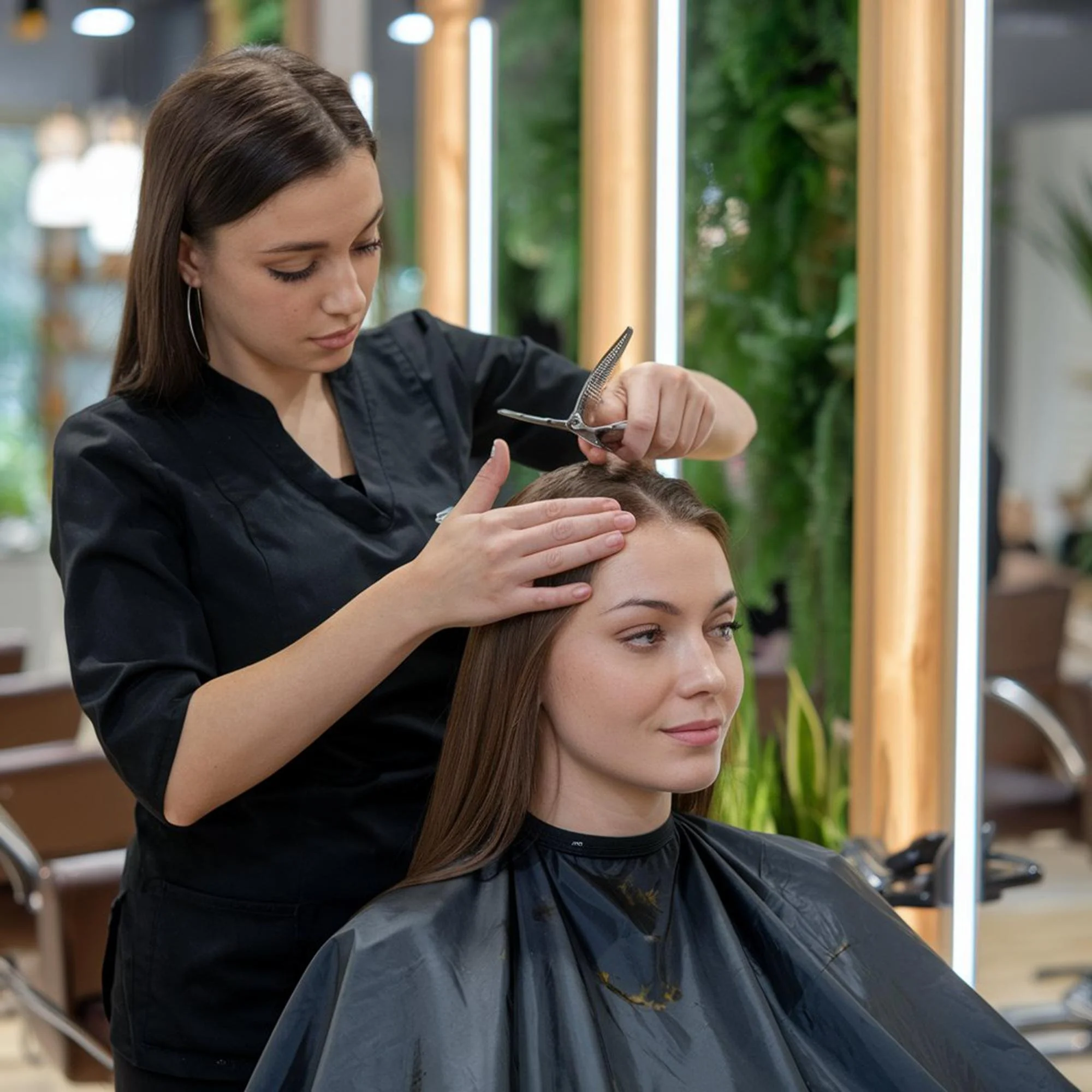 Hairdresser trimming a woman's brown hair in a salon with large mirrors and green plants.
