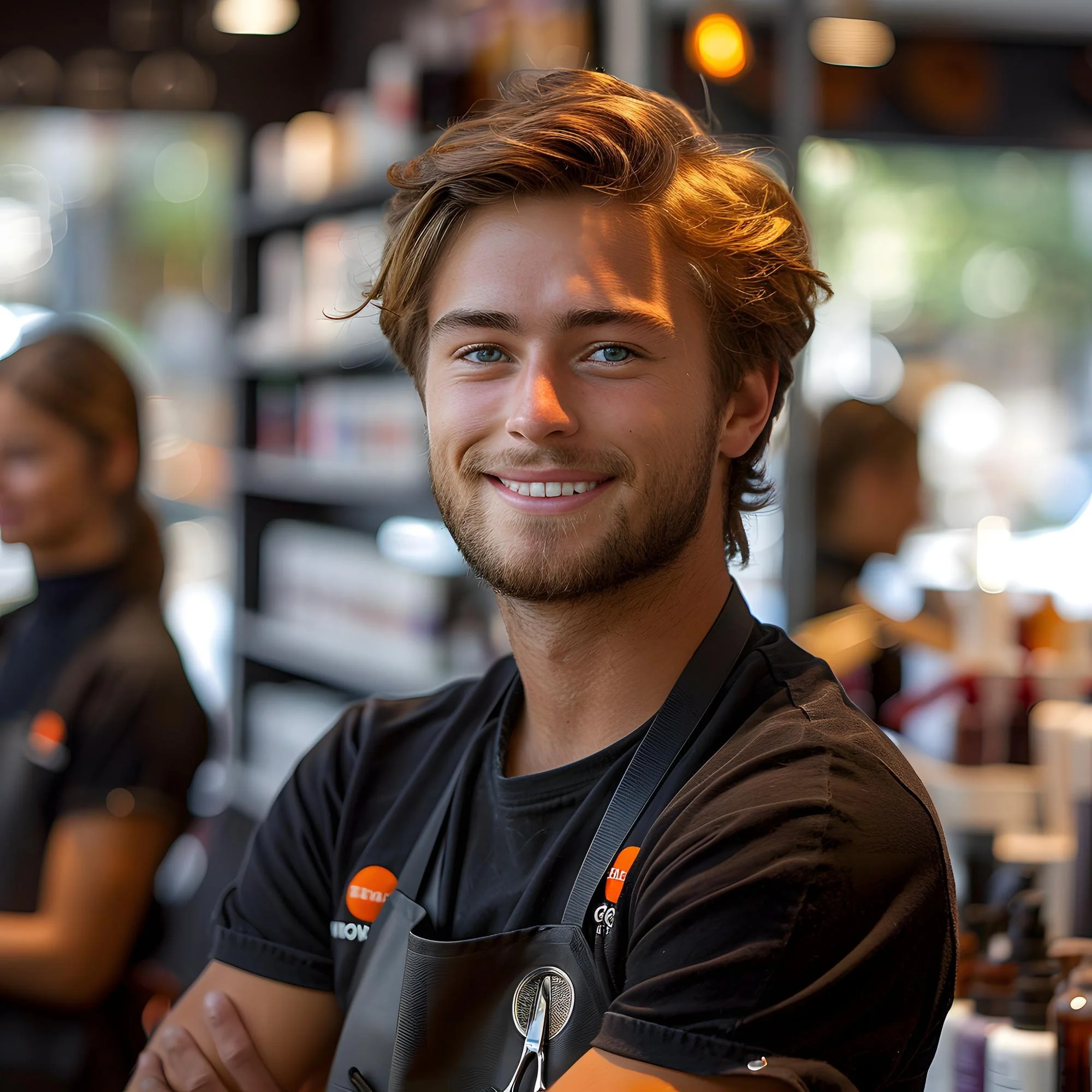 A young man with light brown hair, blue eyes, and a beard smiling at the camera, wearing a black shirt with a logo, in a store or cafe with blurred background of shelves and warm lighting