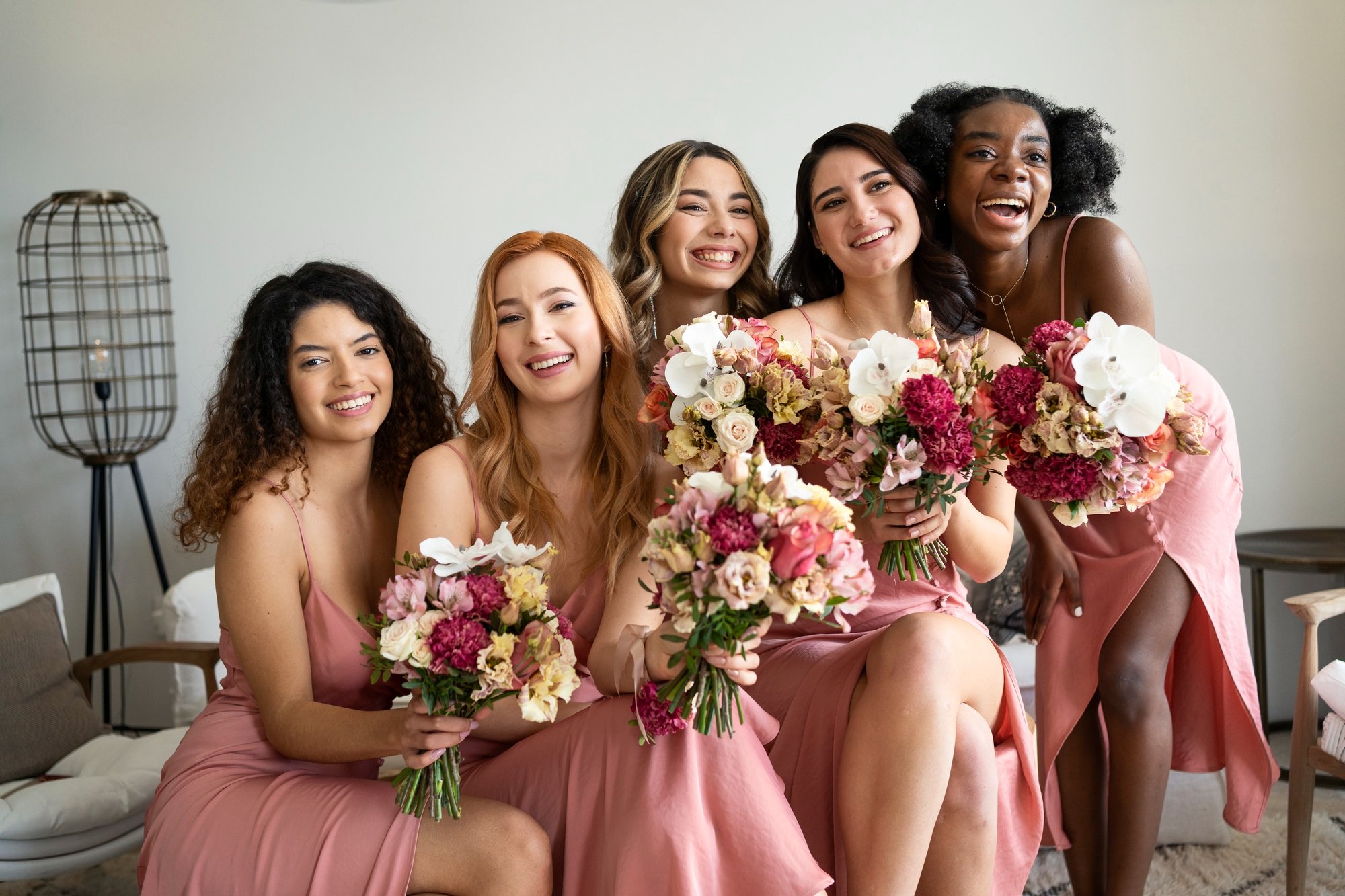 A group of six women sitting closely together, smiling, and holding bouquets of pink, white, and cream flowers. They are wearing matching pink dresses and are indoors with minimalist decor, including a side table, a wire floor lamp, and a white wall.