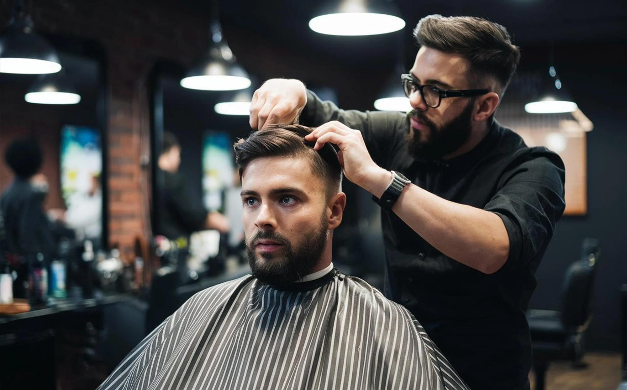 Barber cutting a man's hair in a modern barbershop with black walls and bright overhead lighting.