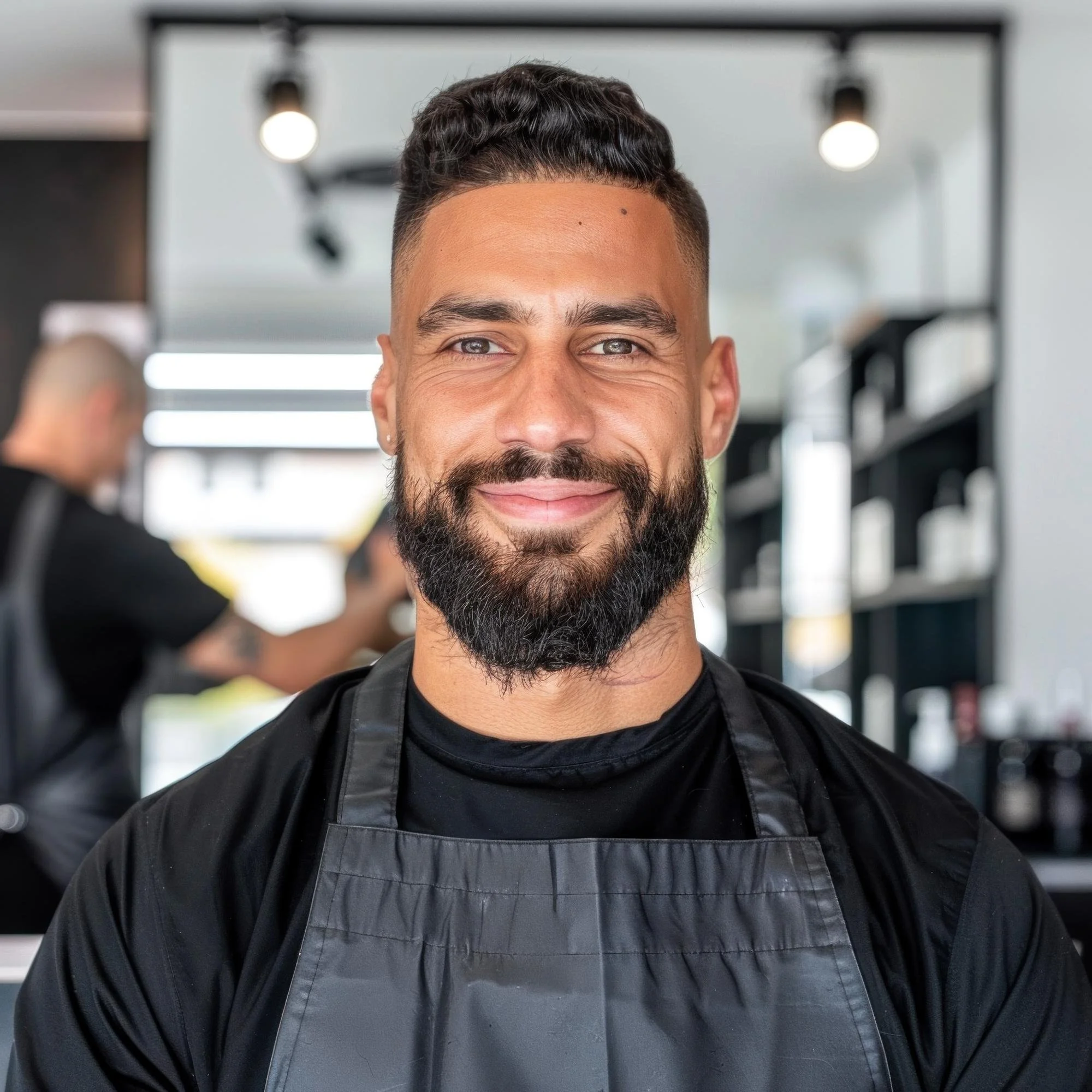 Man with short, curly hair and beard smiling in a barbershop, wearing a black apron over his shirt.