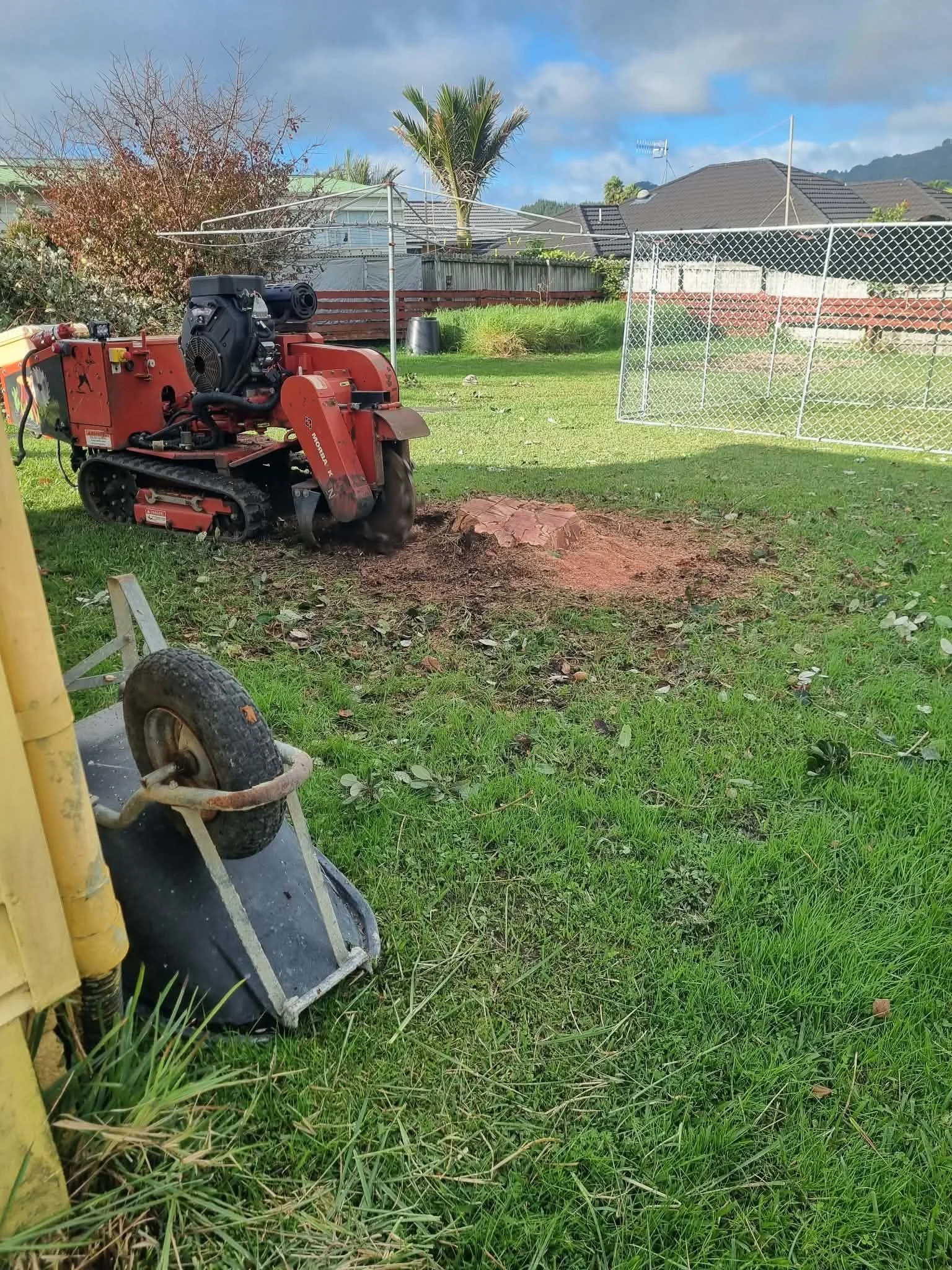 Construction equipment excavating a portion of grass and soil in a backyard with houses and trees in the background.