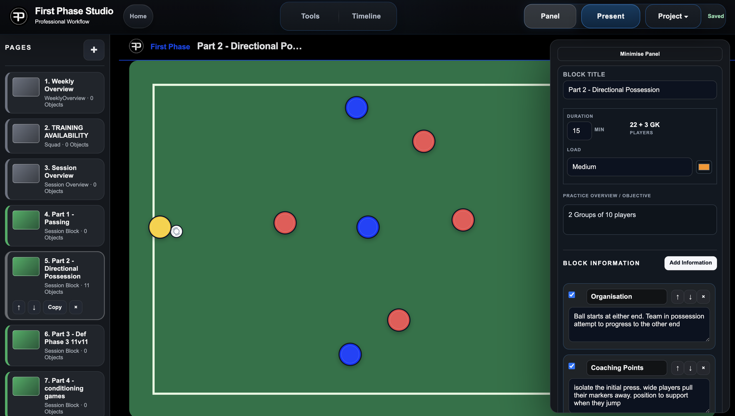 Directional possession practice with the connected session plan visible in the side panel