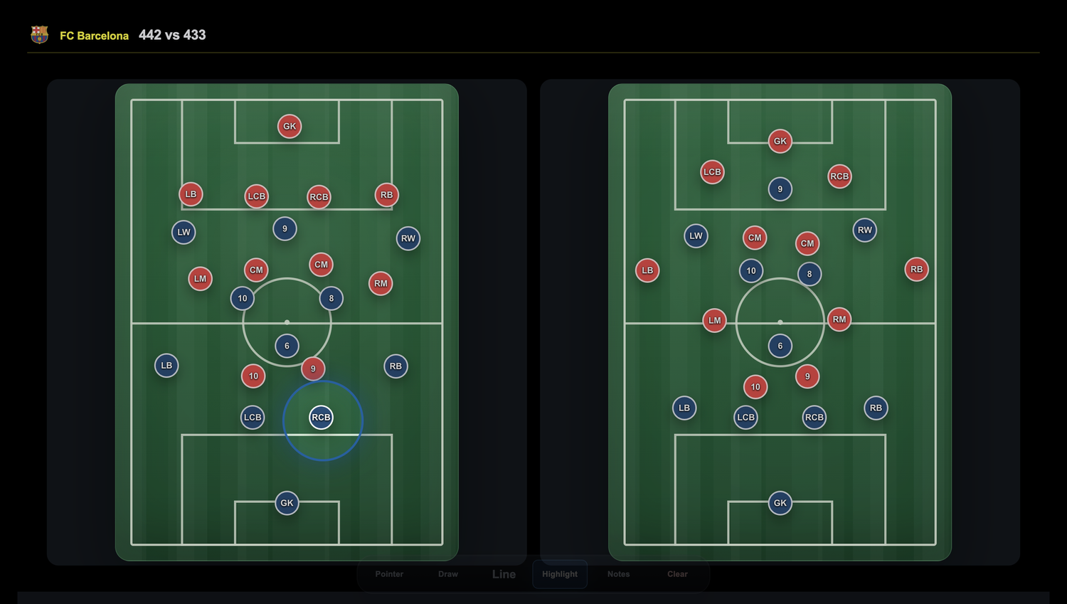 Spain tactical comparison, media and player highlighting in First Phase Studio Present mode
