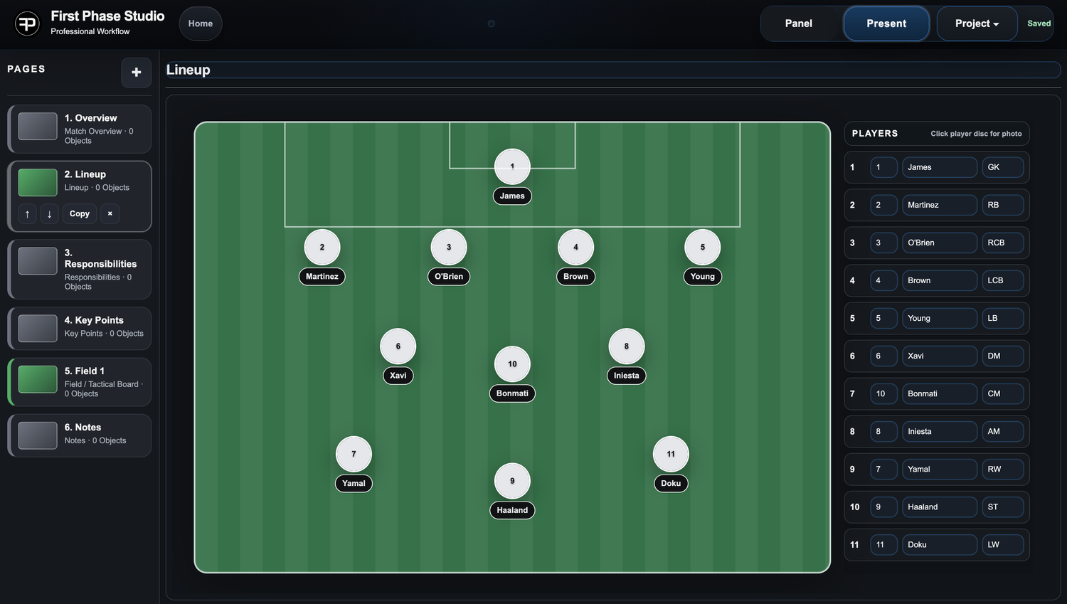 Match lineup builder in First Phase Studio