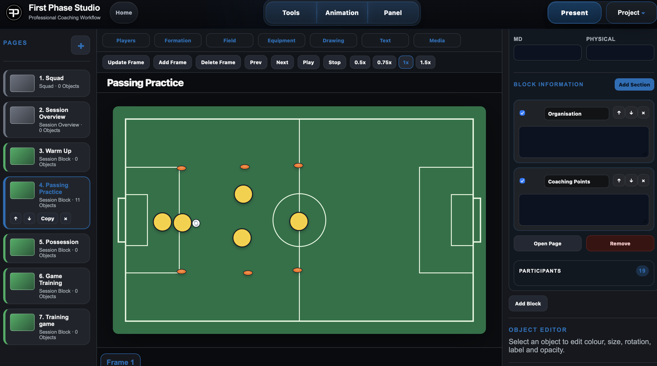 A screenshot of a sports coaching software interface displaying a football field diagram for passing practice, with yellow and orange marker icons indicating player positions and movement tactics.