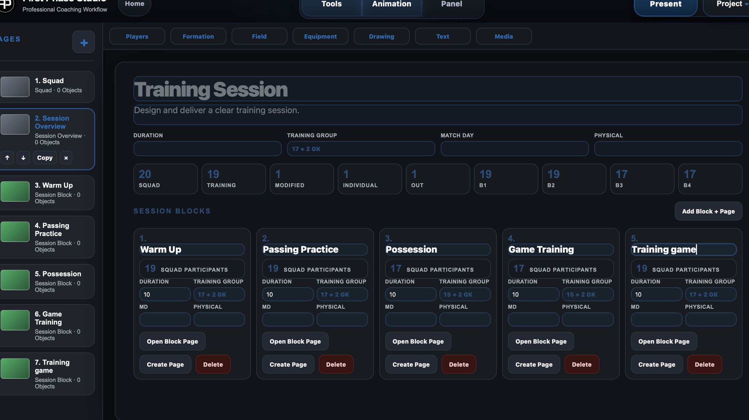 Screenshot of a sports training session planning interface with sections for squad, warm-up, passing practice, possession, and game training, with details on participant numbers, duration, and training group for each activity.