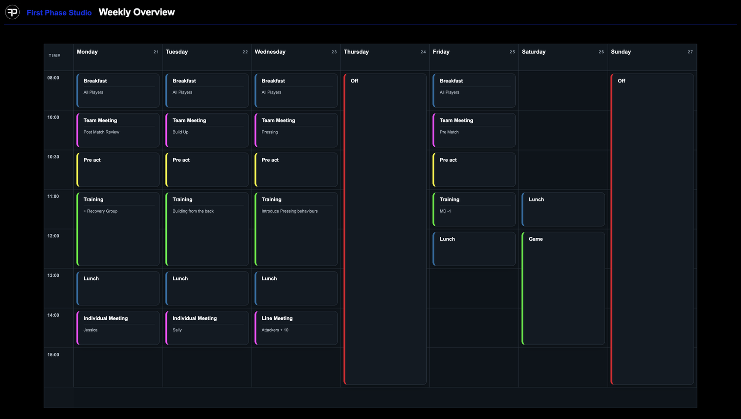 Weekly overview in First Phase Studio