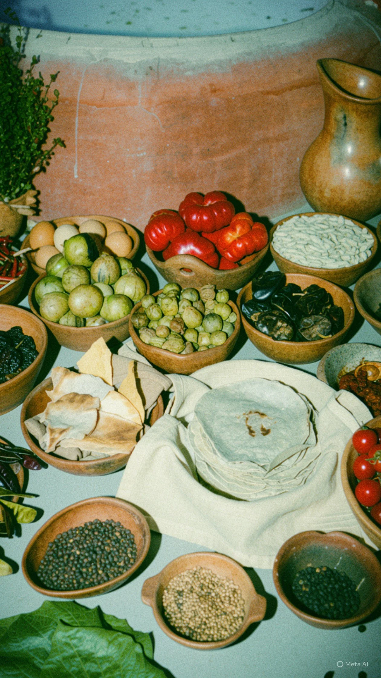 Various fresh vegetables, fruits, and grains displayed in bowls on a table, including tomatoes, apples, grapes, and seeds.