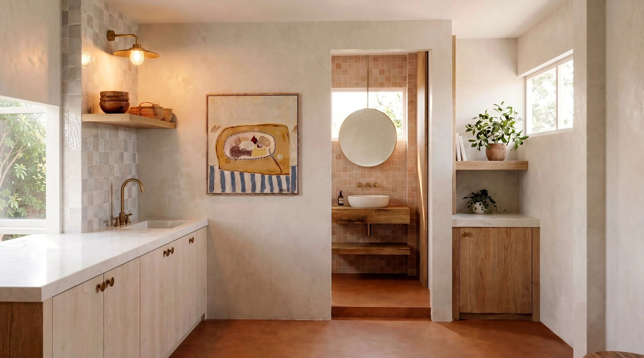 A cozy, modern bathroom with natural wood and beige tones. It features a white countertop with a gold faucet, a framed abstract artwork on the wall, a small sink area with a round mirror, and floating shelves with decorative items and potted plants. Natural light streams through windows.