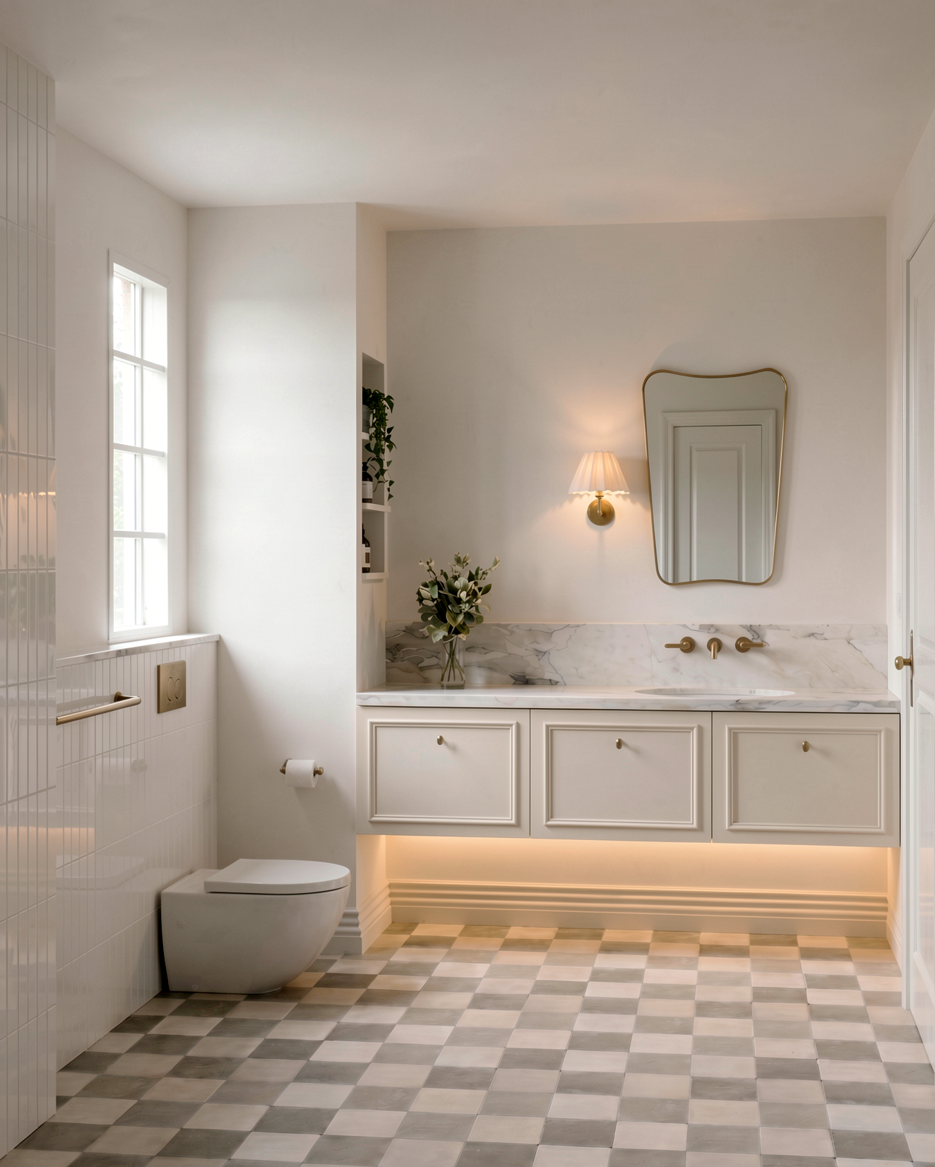 Modern white bathroom with a marble vanity, a wall mirror, a wall sconce, and a flower vase, with checkered tile flooring and a toilet.