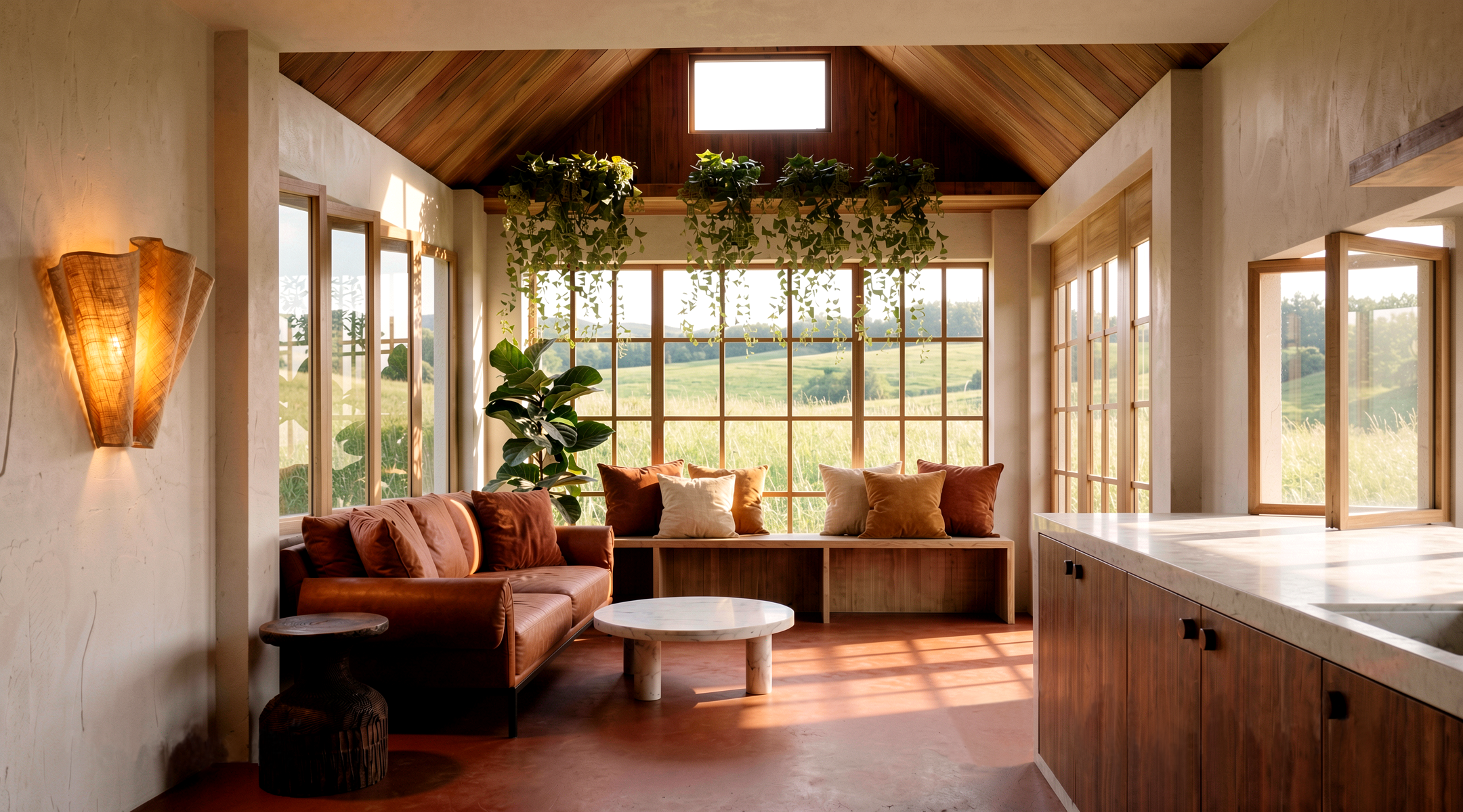 A cozy living room with large windows and a view of green fields outside. The room features a brown leather sofa with beige and rust-colored pillows, a round marble coffee table, and hanging plants near the ceiling. Wooden accents and a warm, inviting atmosphere are present.