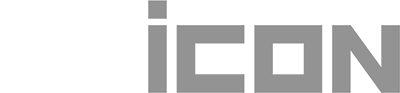 The word 'ICON' in a graphic with a stylized design, featuring a black background and a white 'V' with gray and black letters.