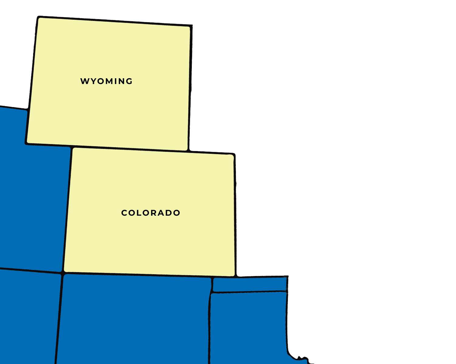 Map showing Colorado, Wyoming, and parts of surrounding states in different colors.
