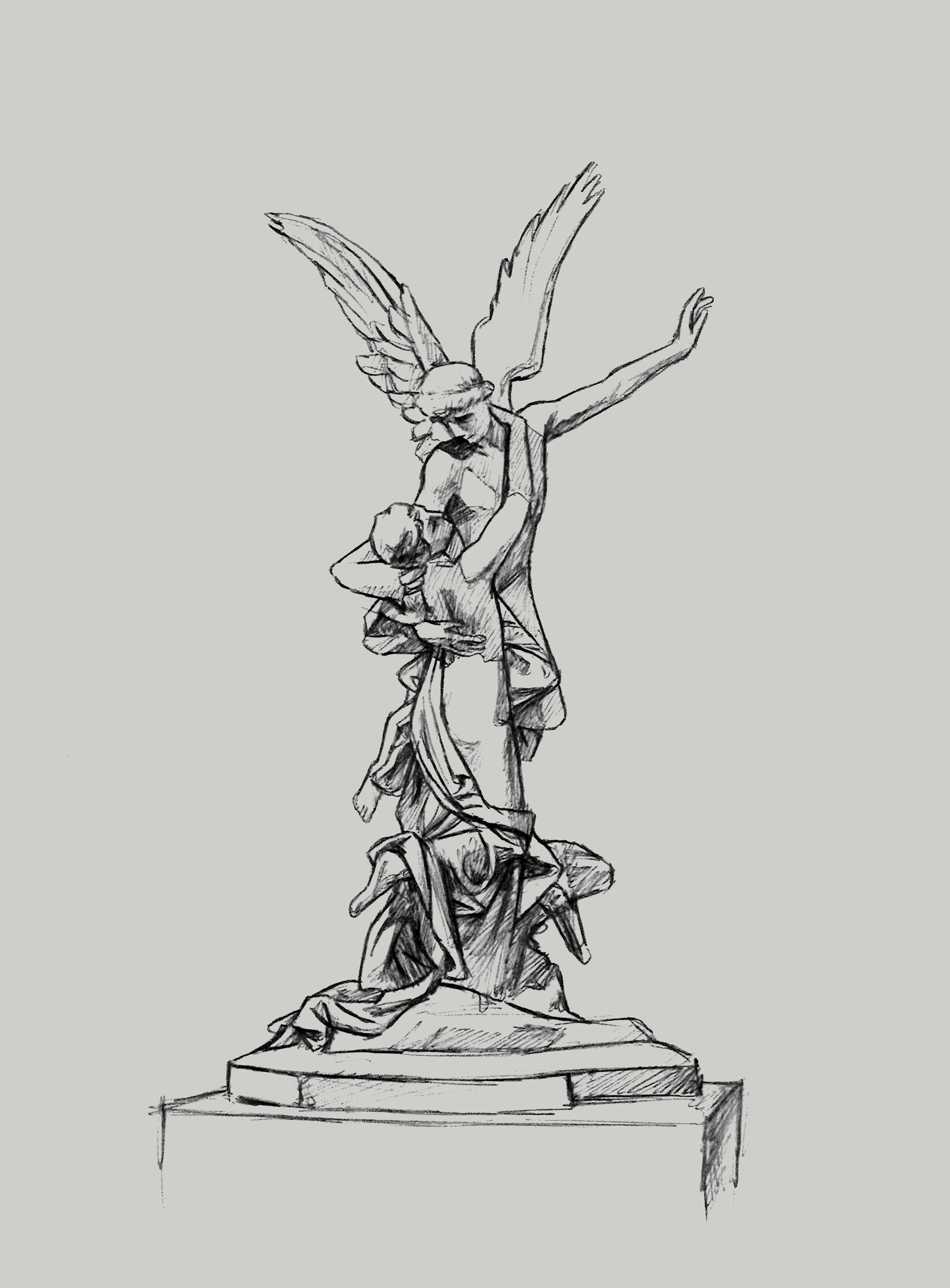 Skizze einer Skulptur von Amor und Psyche.