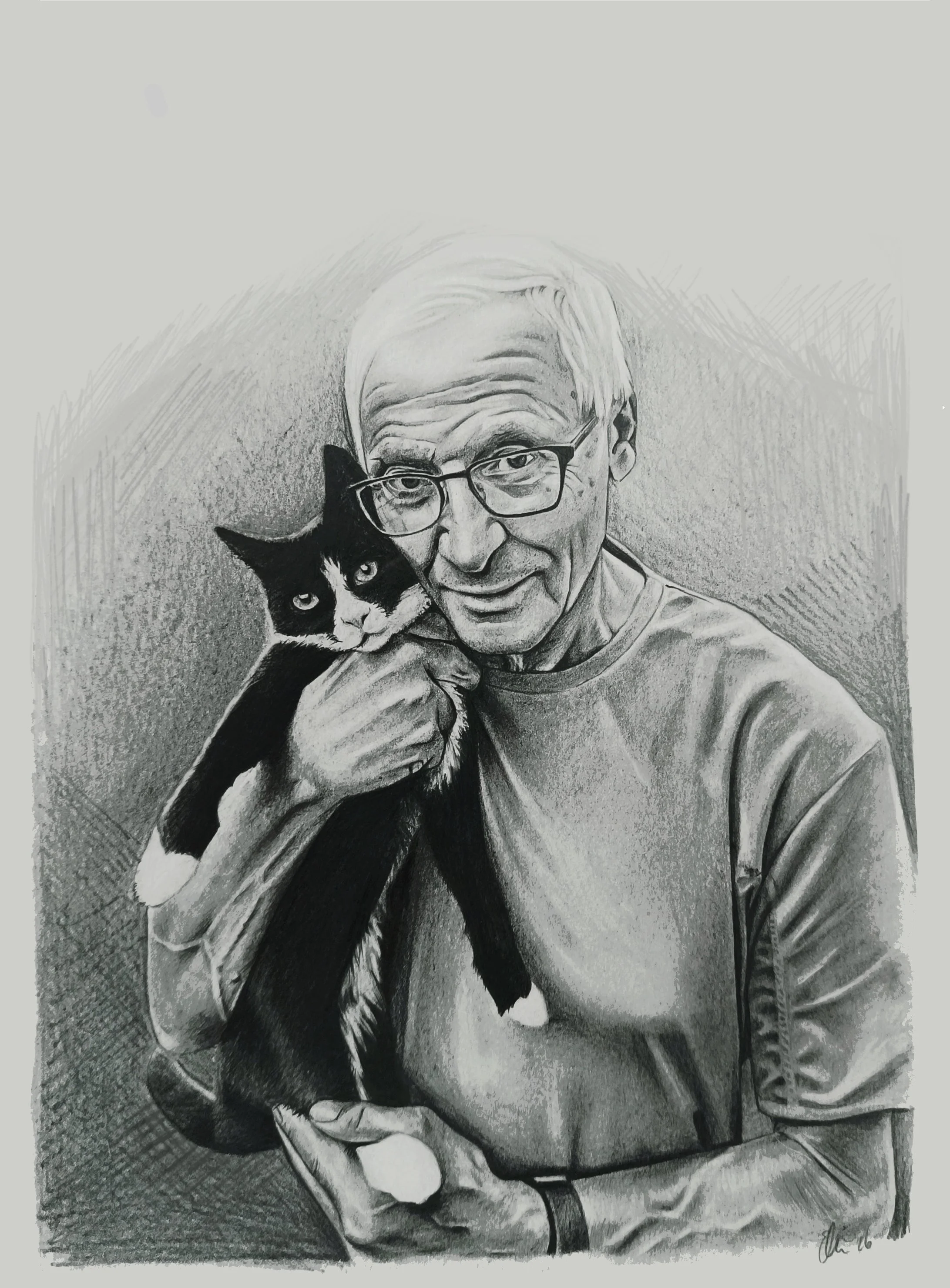 Schwarz-weiß Zeichnung eines älteren Mannes mit Brille, der eine schwarz-weiße Katze hält.