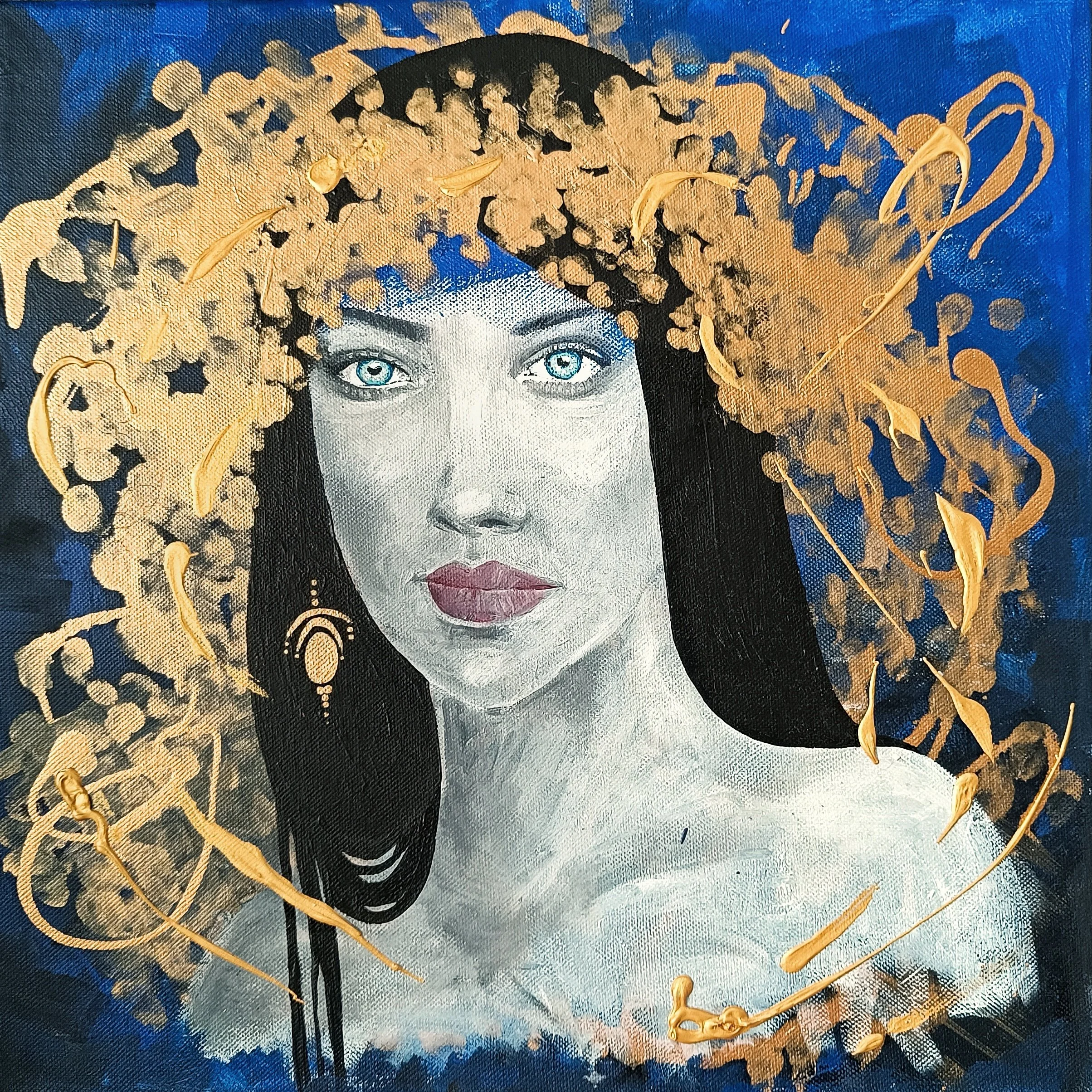 An oil painting of a woman with blue eyes and black hair, surrounded by a golden crochet-like halo with floral and spiral patterns on a blue background.