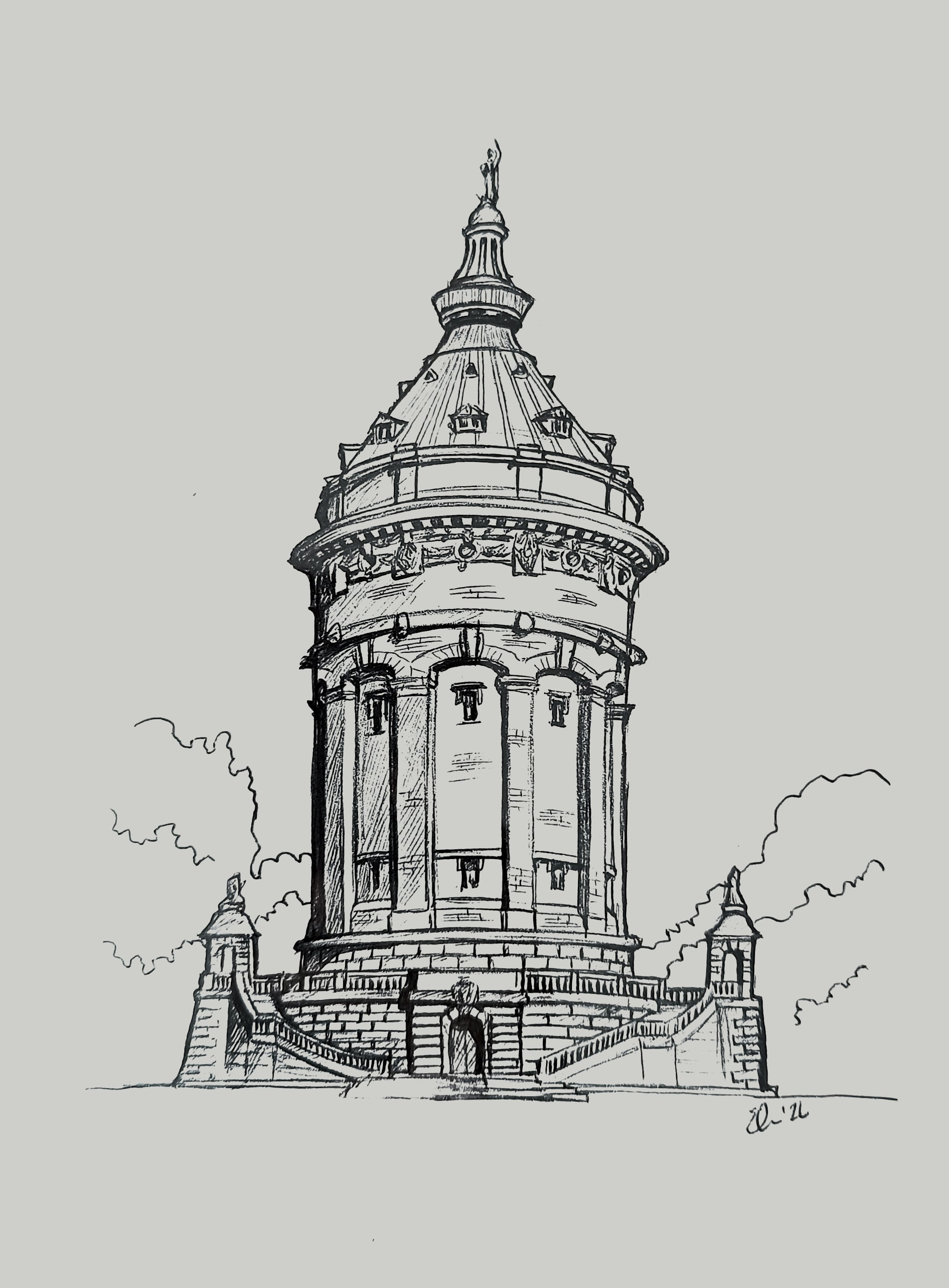 Zeichnung des Mannheimer Wasserturms mit einer Statue an der Spitze, Stufen vor dem Eingang, im Hintergrund die Silouetten von Bäumen.