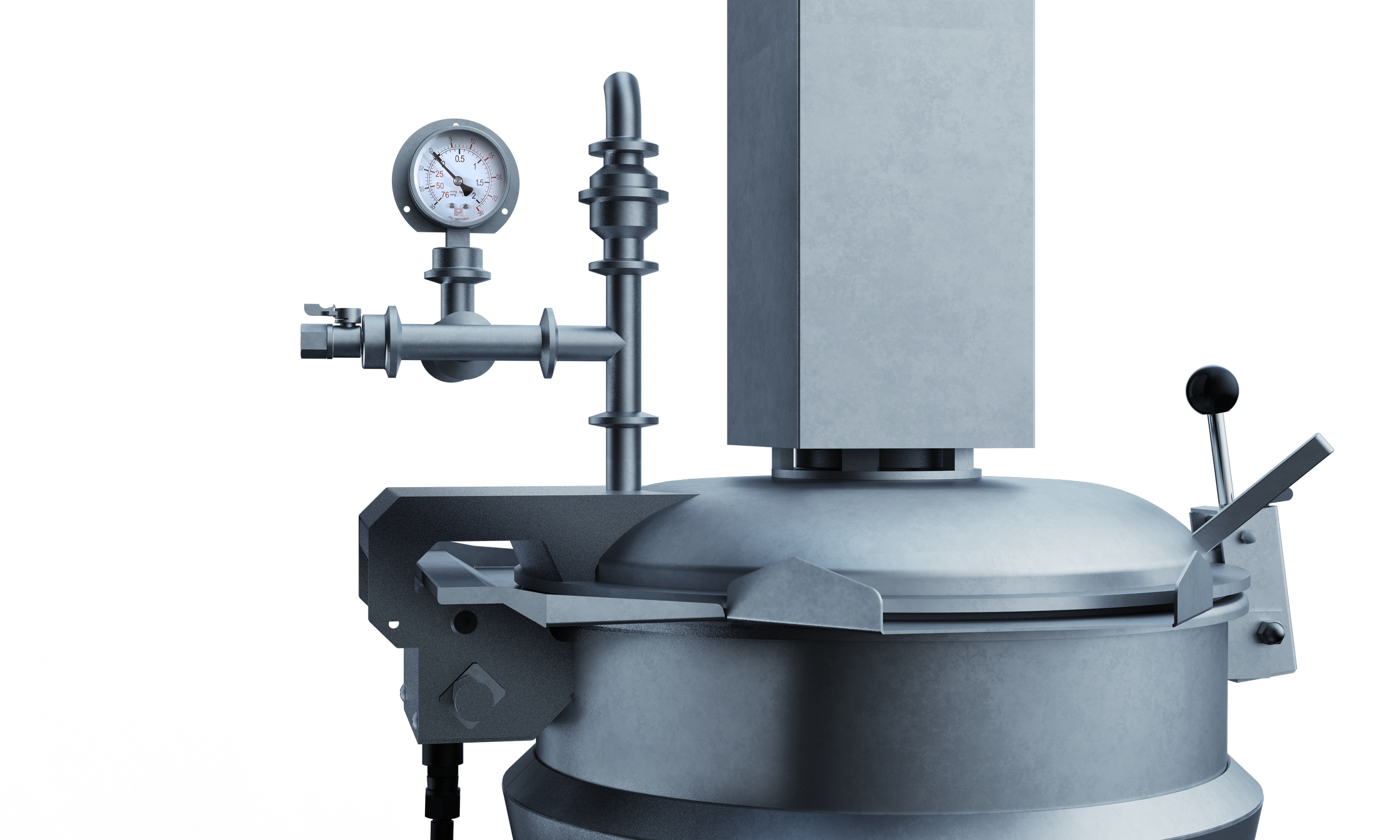 A close-up of industrial equipment featuring a pressure gauge, metallic pipes, and control lever against a black background.