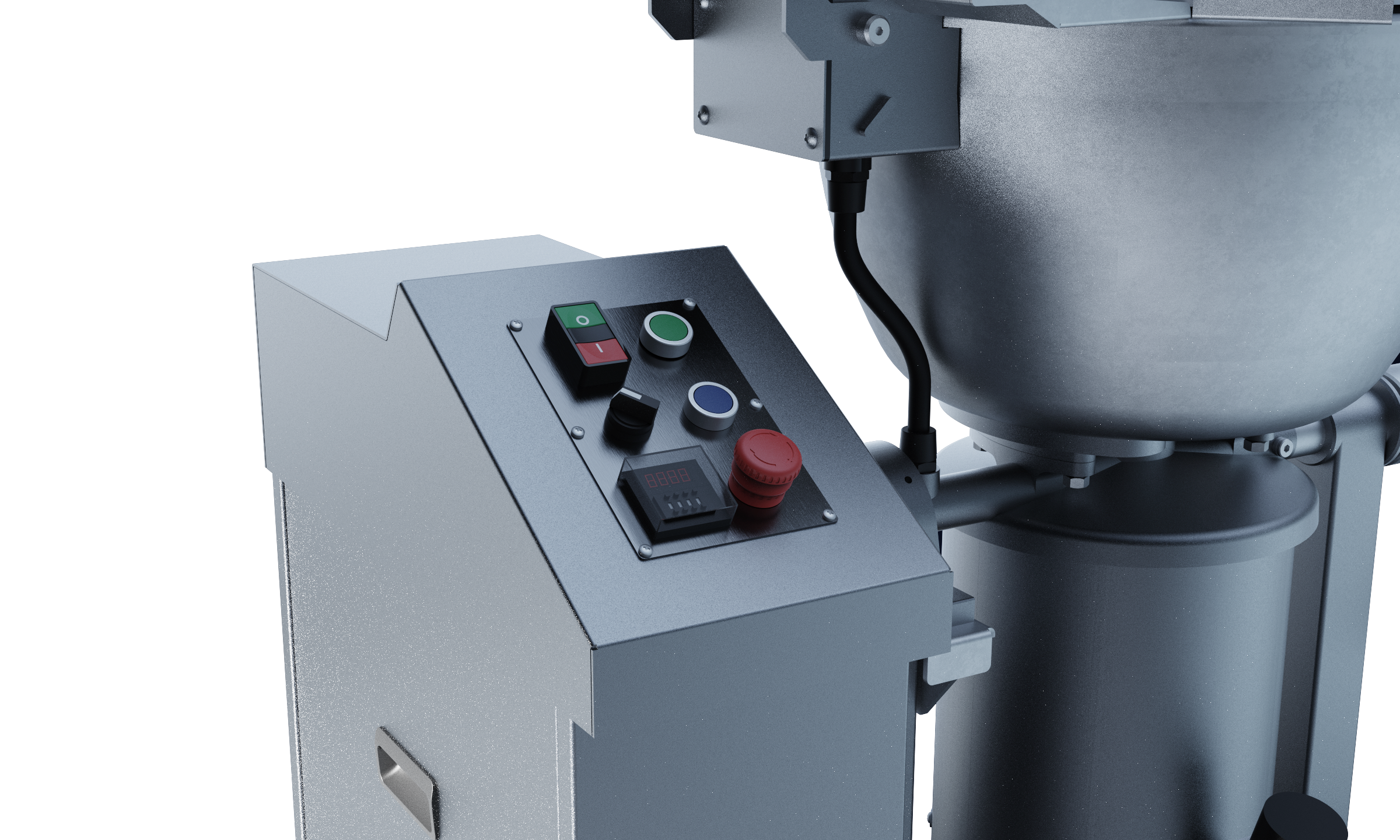 Close-up of a metallic industrial machine control panel with buttons, switches, and a digital display.