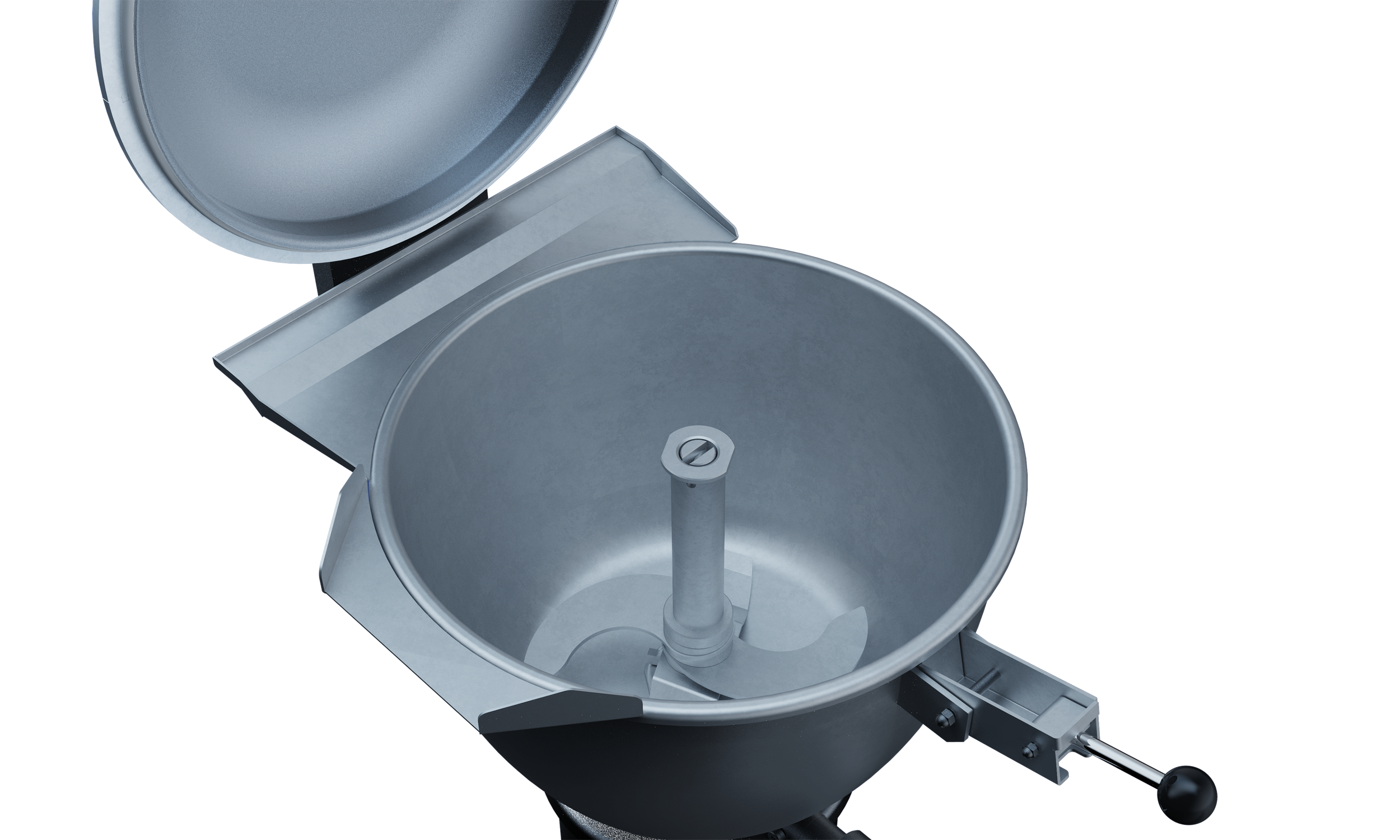 A metallic industrial machine with a control panel, a circular lid, pipes, and gauges, used for manufacturing or processing