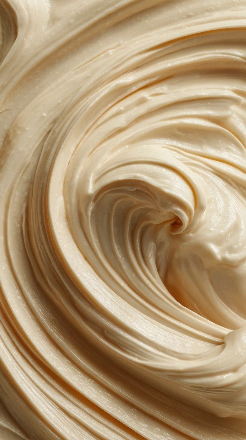 Close-up of swirled, creamy beige frosting or spread with a smooth texture.