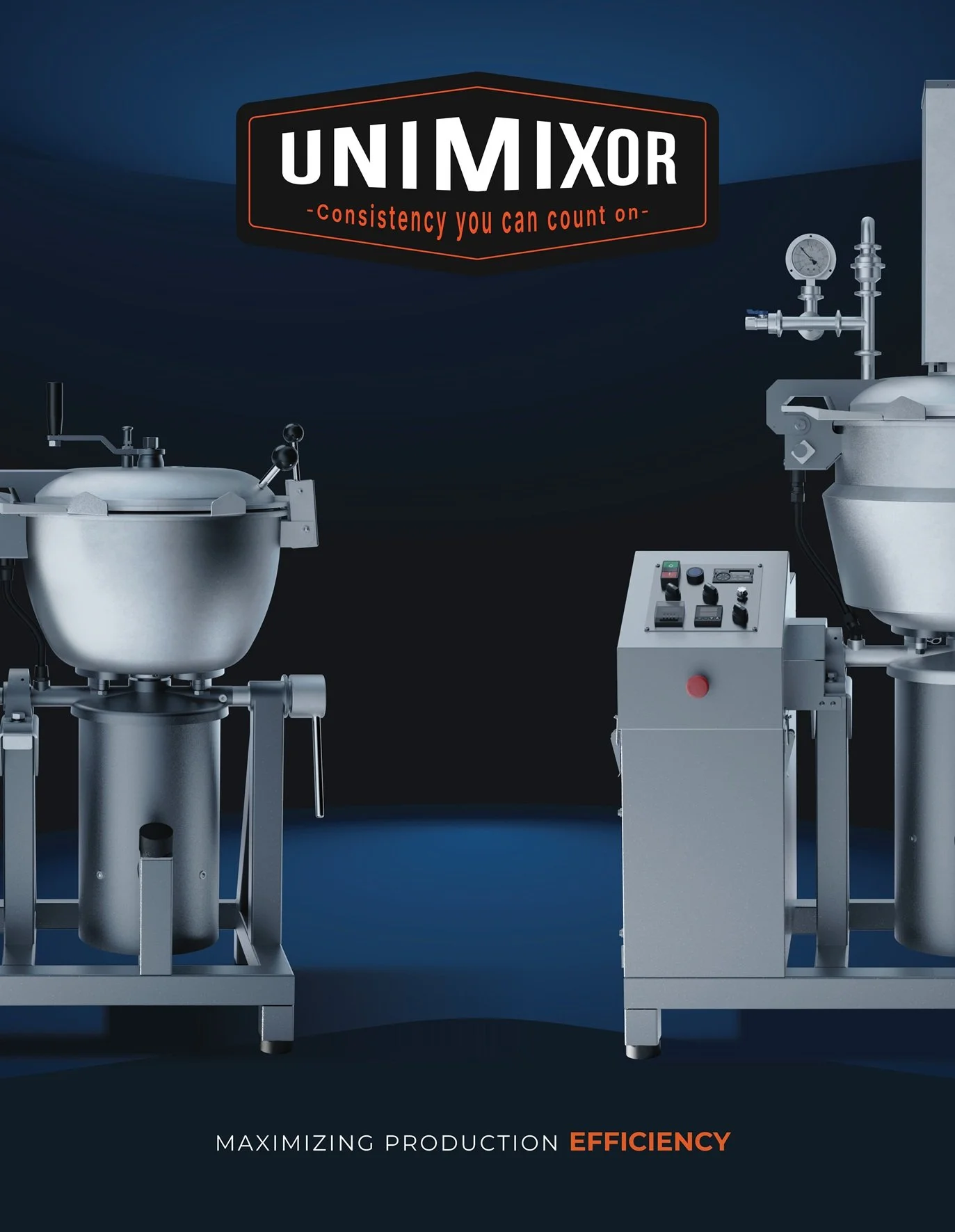 Industrial machinery with a black sign that reads 'UNIMIXOR - Consistency you can count on -'. Text at the bottom says 'MAXIMIZING PRODUCTION EFFICIENCY'.