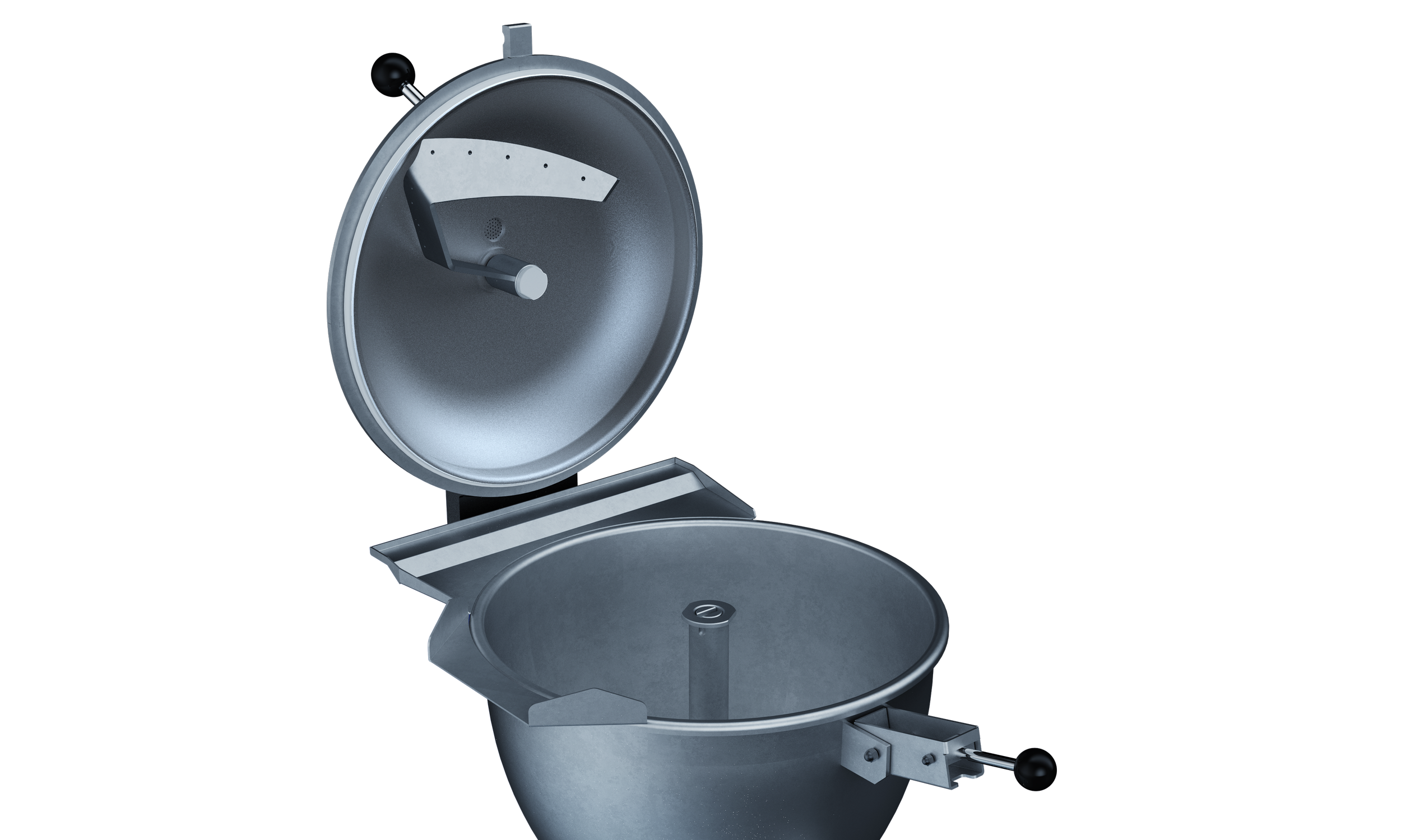 A metallic industrial machine with a control panel, a circular lid, pipes, and gauges, used for manufacturing or processing