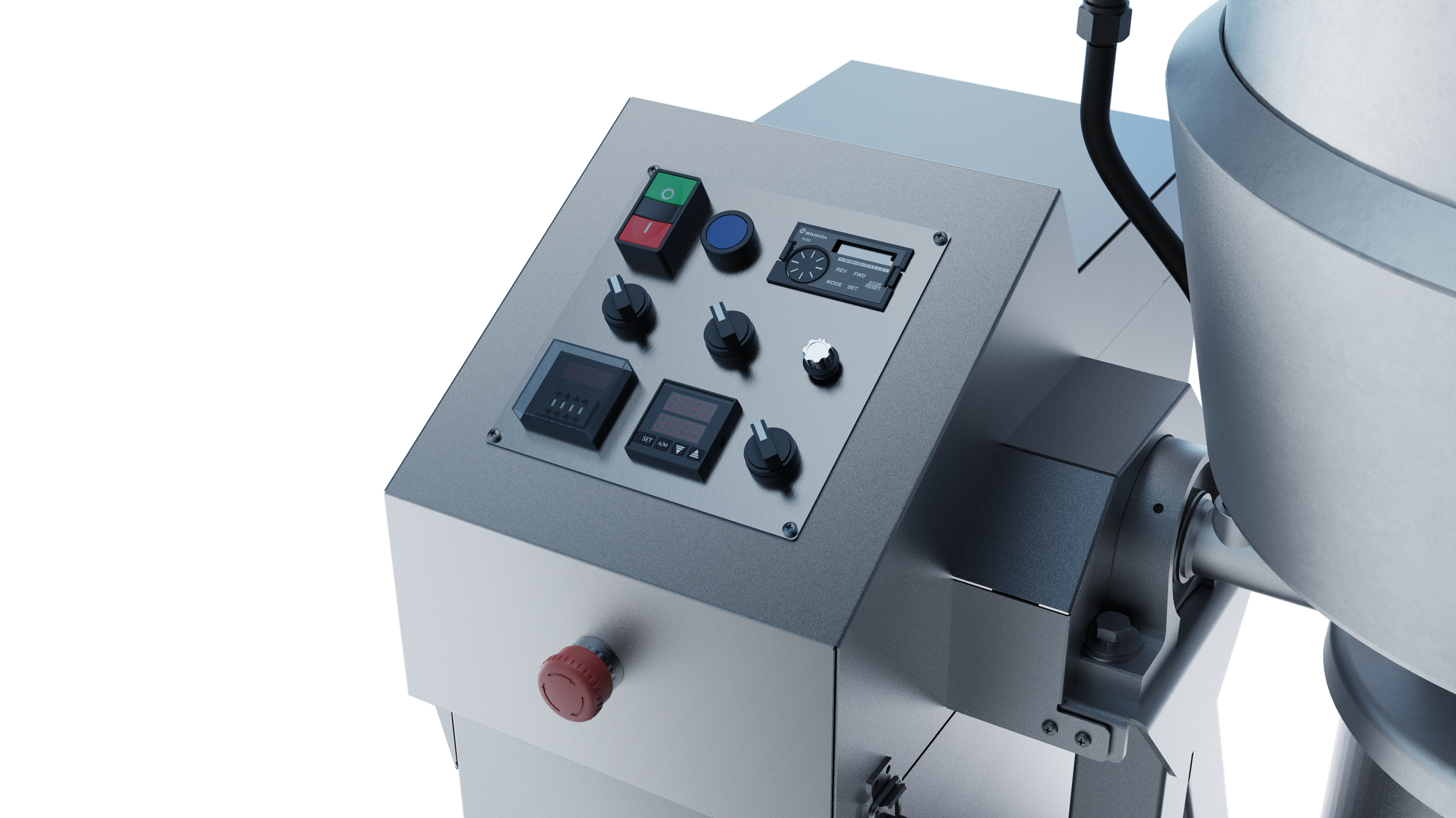 Close-up of an industrial machine control panel featuring switches, digital displays, and dials.